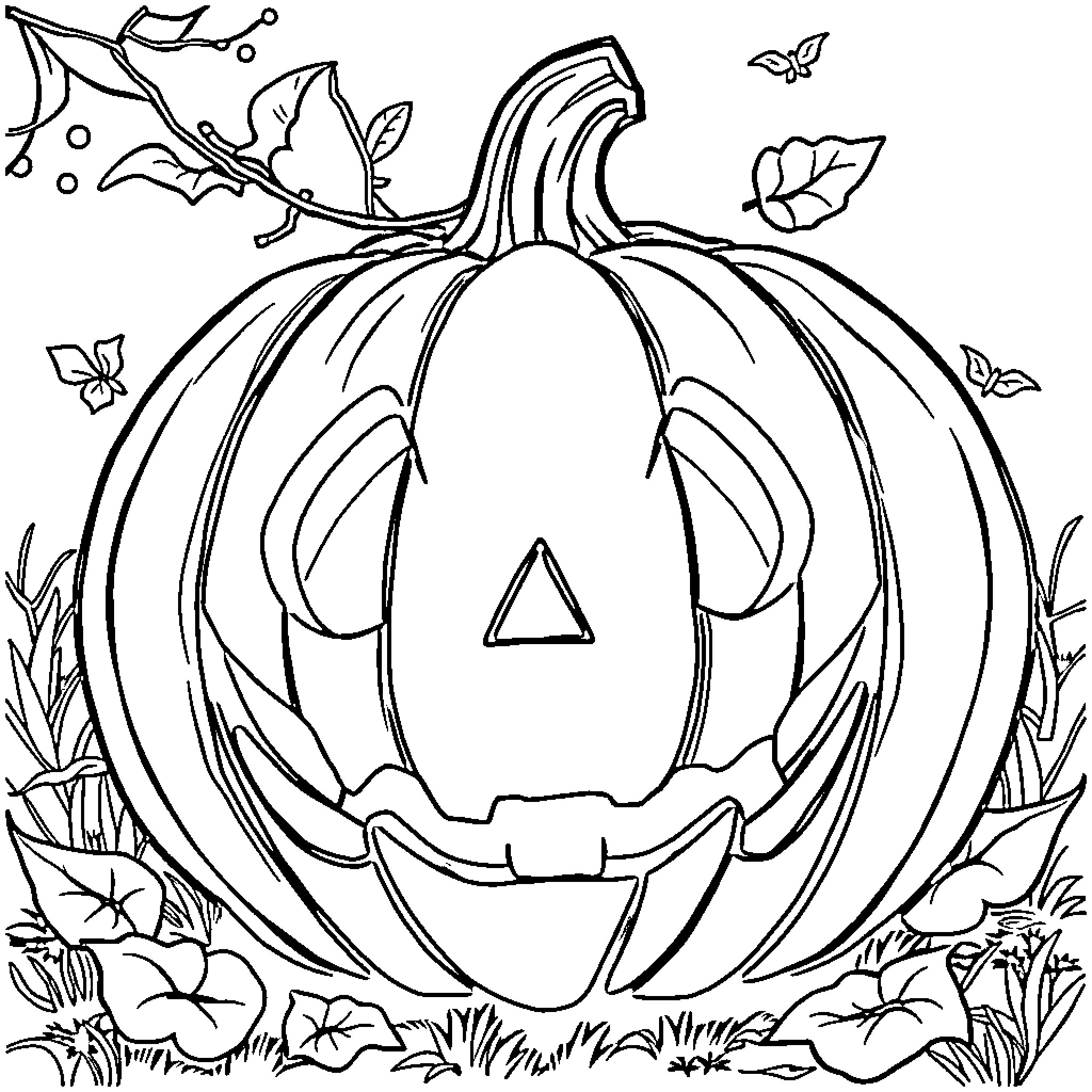 Jack-o'-lantern carved with happy expression surrounded by leaves and flowers Coloring Page (free black-and-white line drawing printable PDF for all, from beginners to advanced learners, including children, teens, adults, and seniors)
