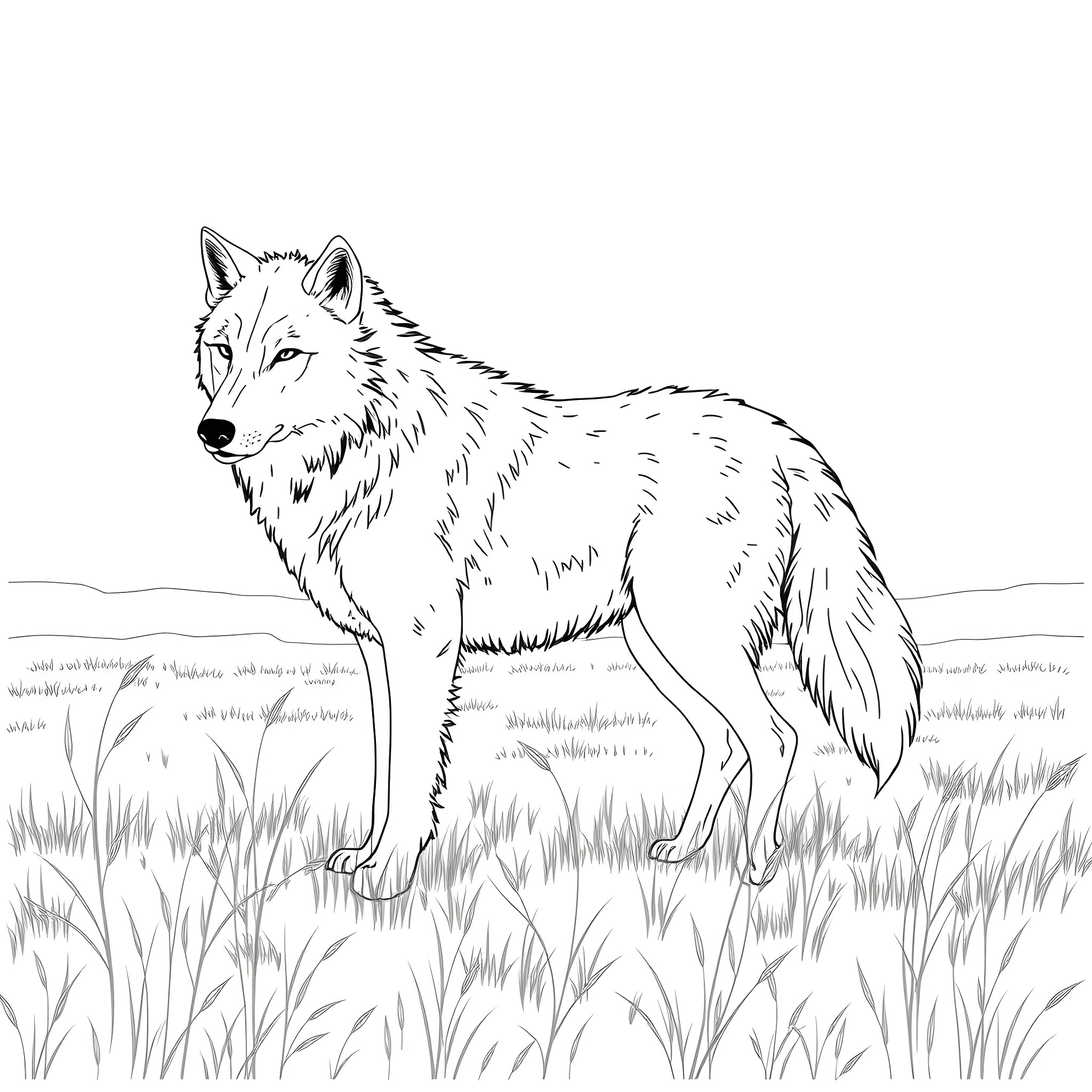 Wolf standing alert in the wilderness Coloring Page (free black-and-white line drawing printable PDF for all, from beginners to advanced learners, including children, teens, adults, and seniors)