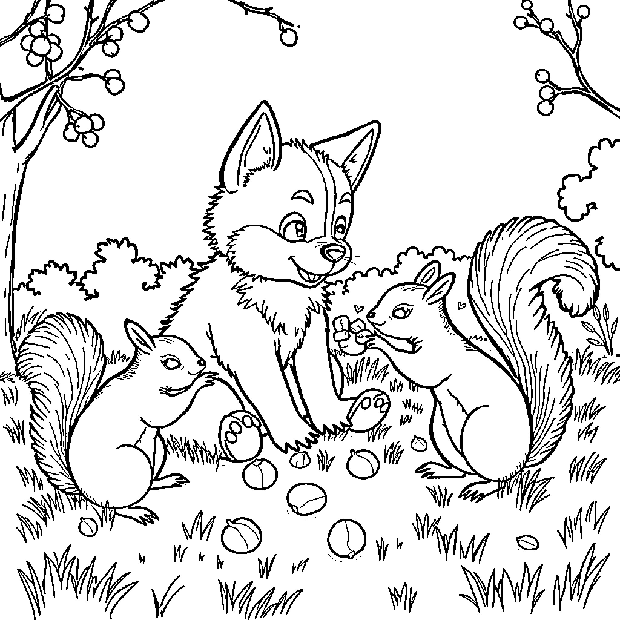 Bluey and friends playing in the forest Coloring Page (free black-and-white line drawing printable PDF for all, from beginners to advanced learners, including children, teens, adults, and seniors)