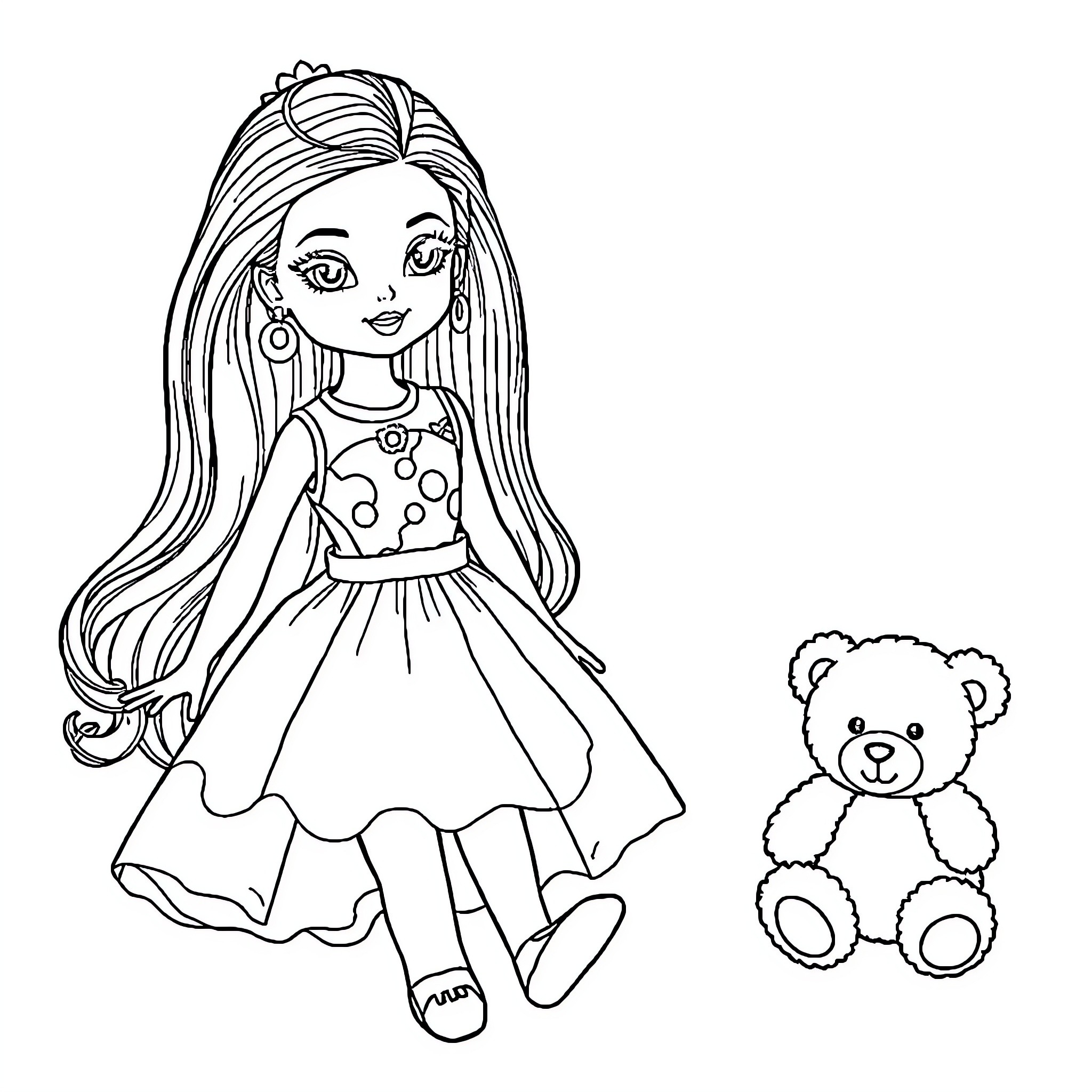 Barbie doll playing with teddy bear Coloring Page (free black-and-white line drawing printable PDF for all, from beginners to advanced learners, including children, teens, adults, and seniors)