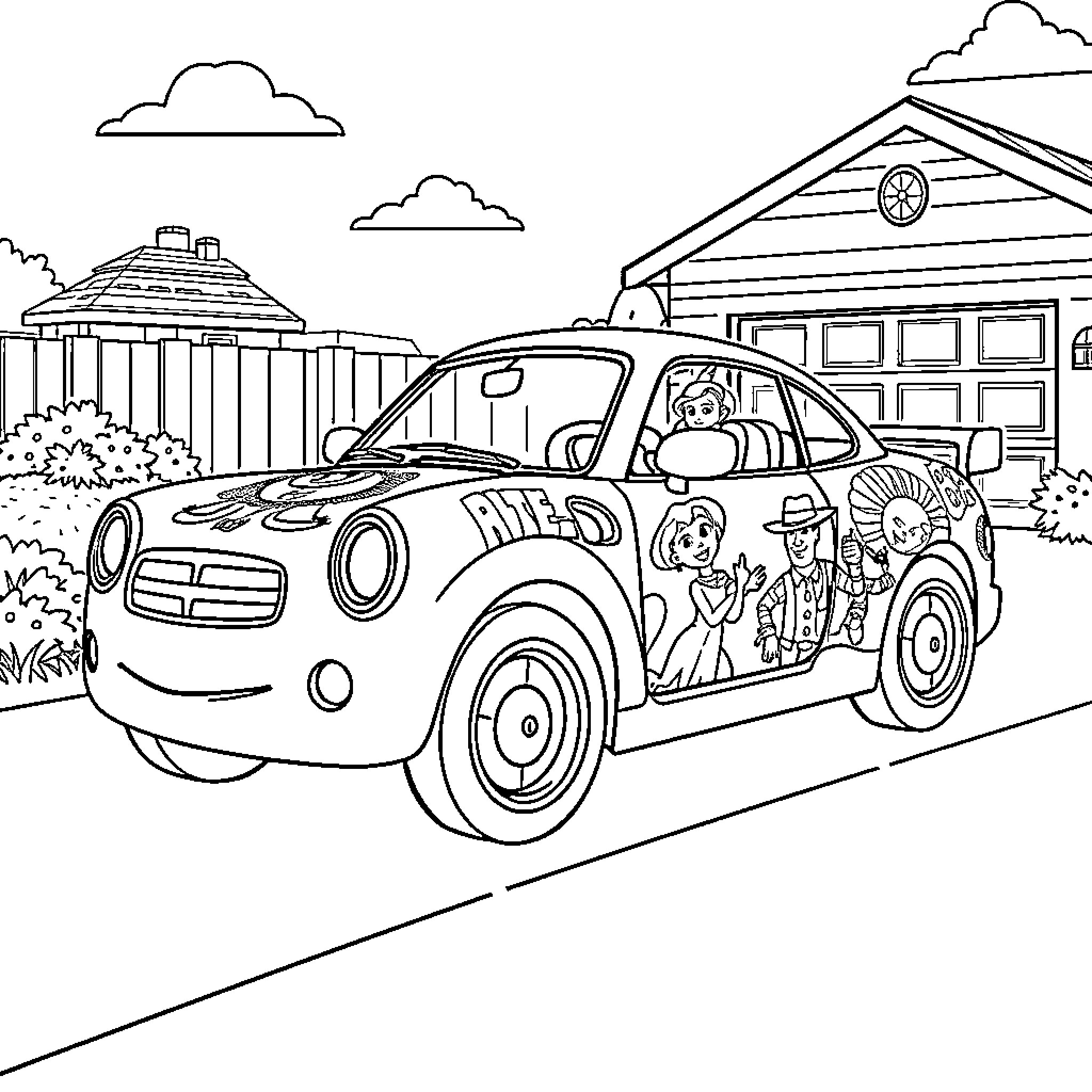 Toy Story Car with Characters in Front Yard Coloring Page (free black-and-white line drawing printable PDF for all, from beginners to advanced learners, including children, teens, adults, and seniors)