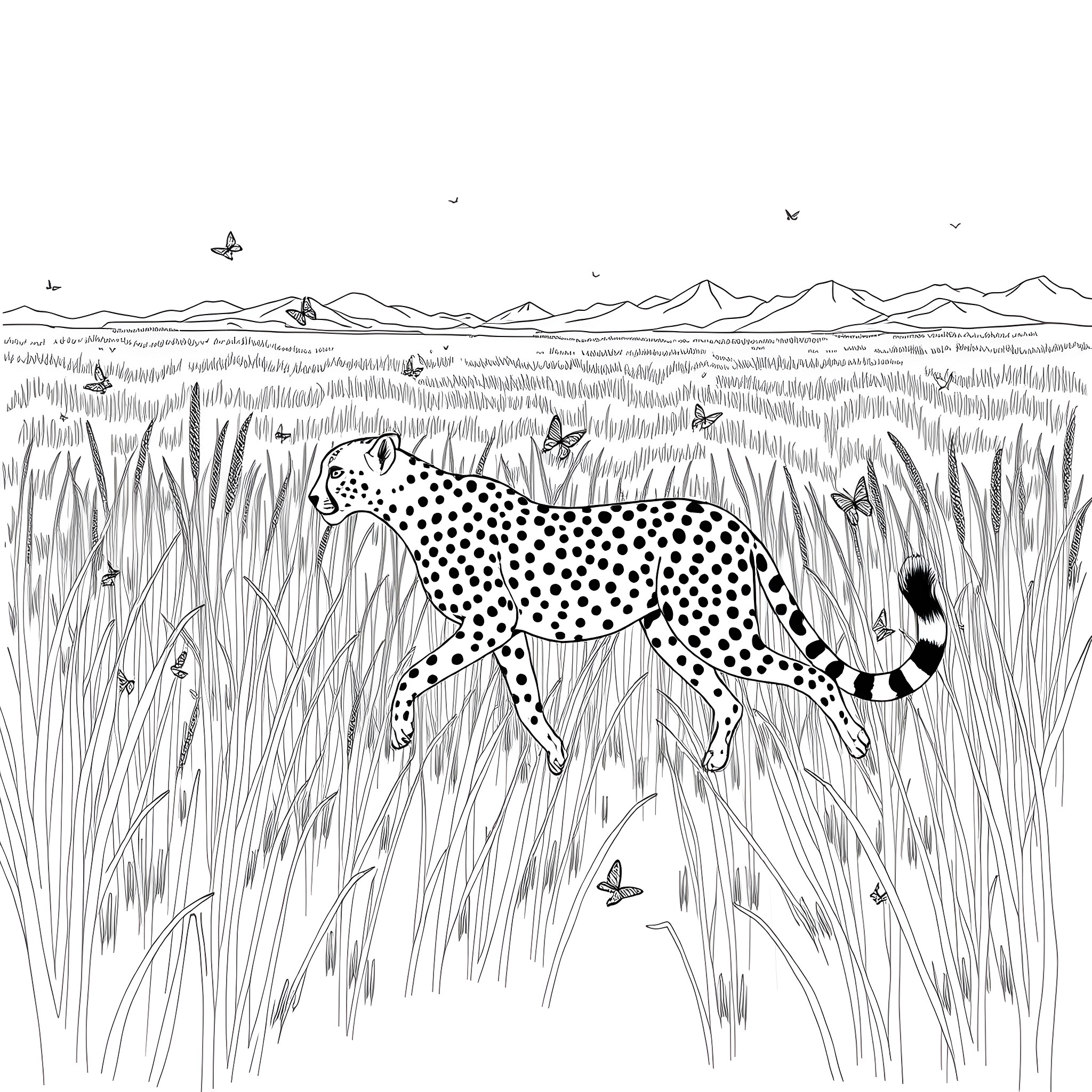 Cheetah prowling through the grasslands Coloring Page (free black-and-white line drawing printable PDF for all, from beginners to advanced learners, including children, teens, adults, and seniors)