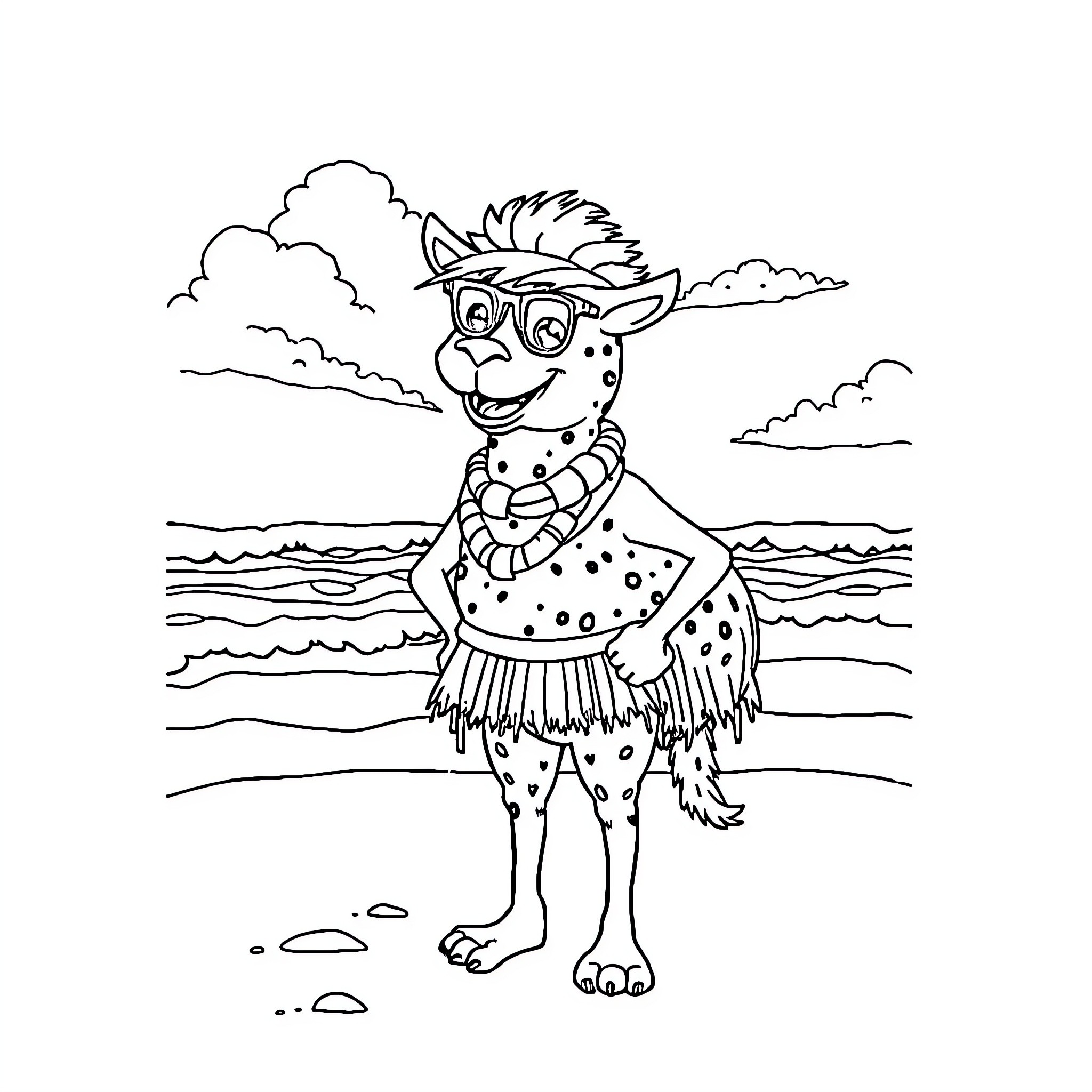 Labubu the Silly Creature at the Beach Coloring Page (free black-and-white line drawing printable PDF for all, from beginners to advanced learners, including children, teens, adults, and seniors)