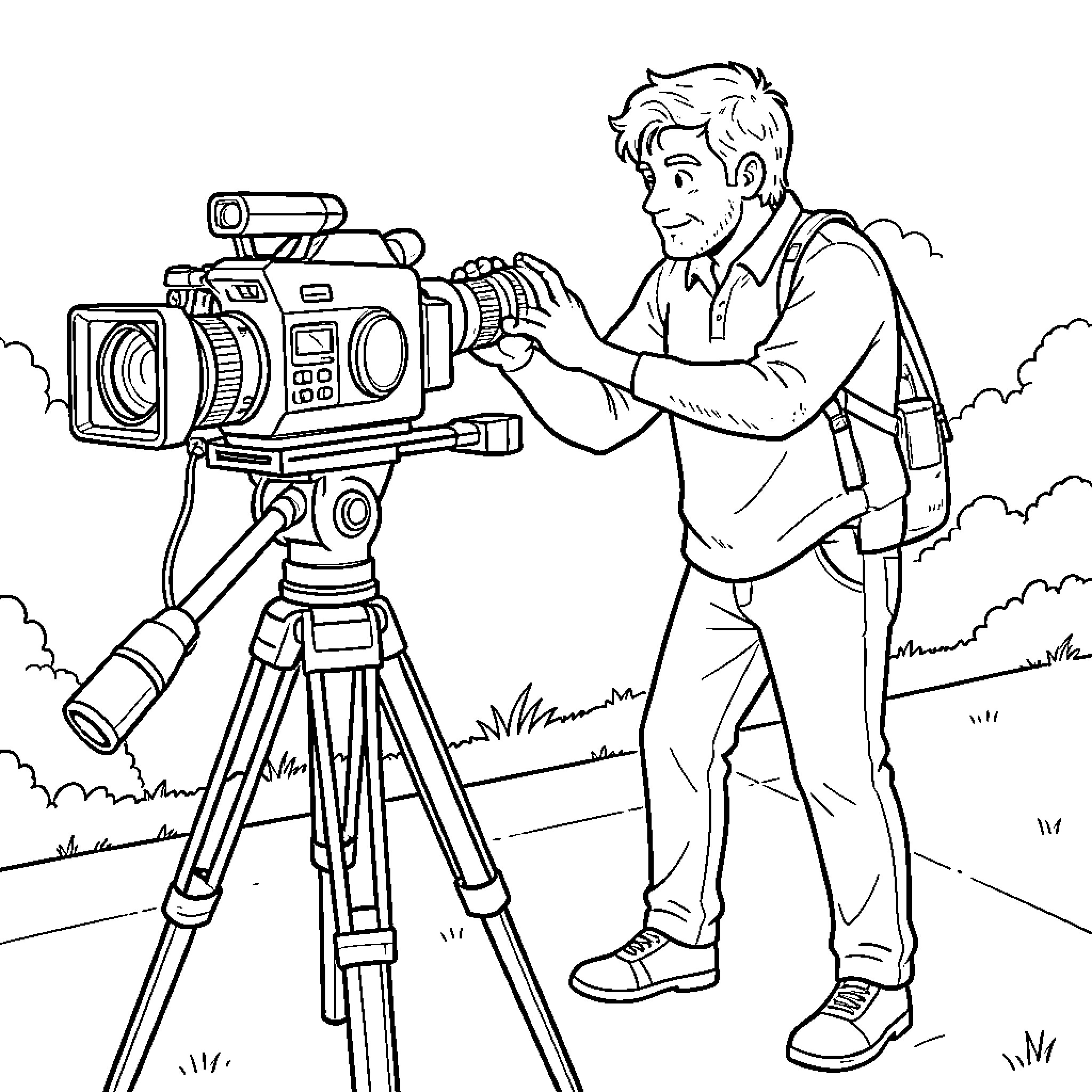 Cam Man Operating Video Camera Outdoors Coloring Page (free black-and-white line drawing printable PDF for all, from beginners to advanced learners, including children, teens, adults, and seniors)