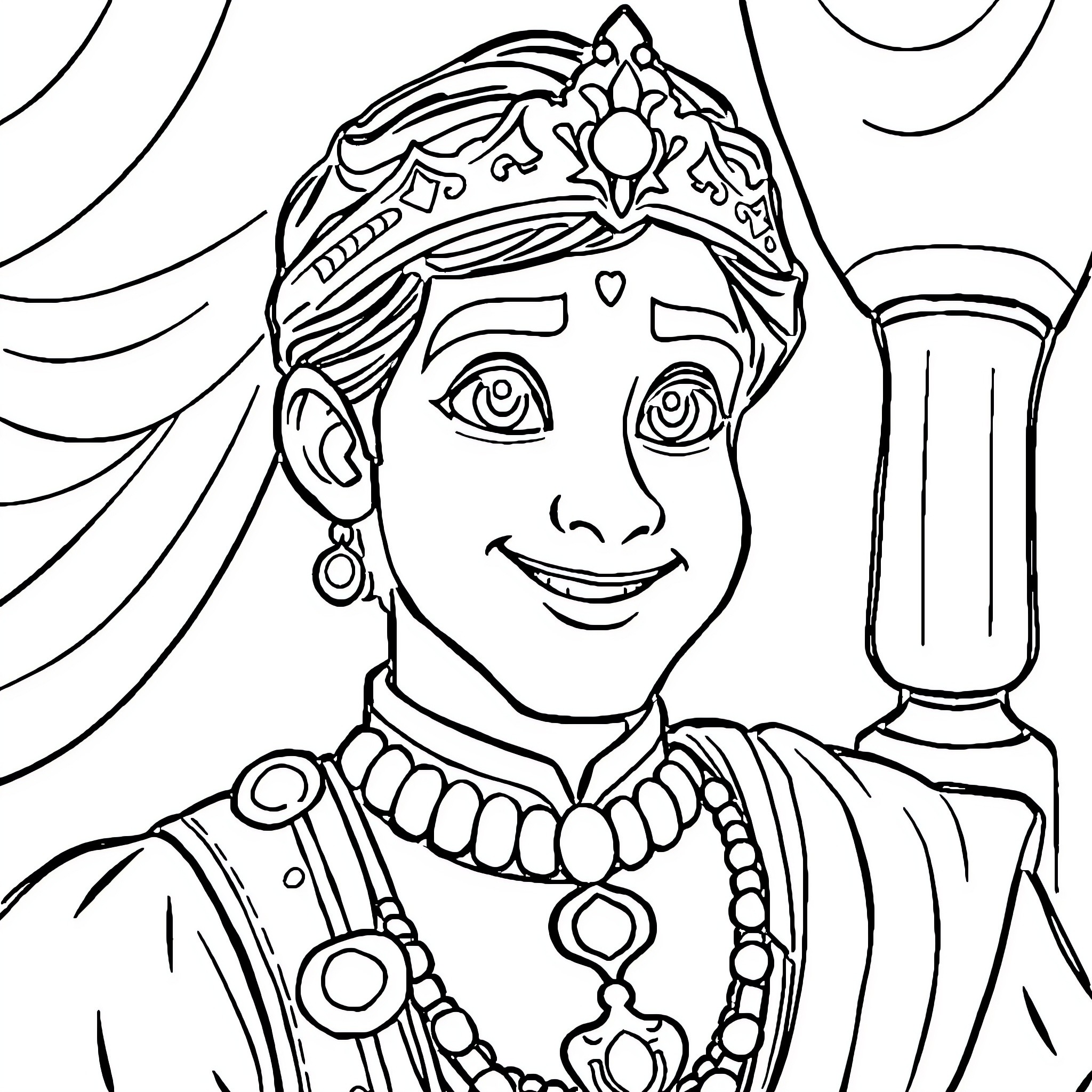 Prince Naveen in Regal Attire with Friendly Expression Coloring Page (free black-and-white line drawing printable PDF for all, from beginners to advanced learners, including children, teens, adults, and seniors)