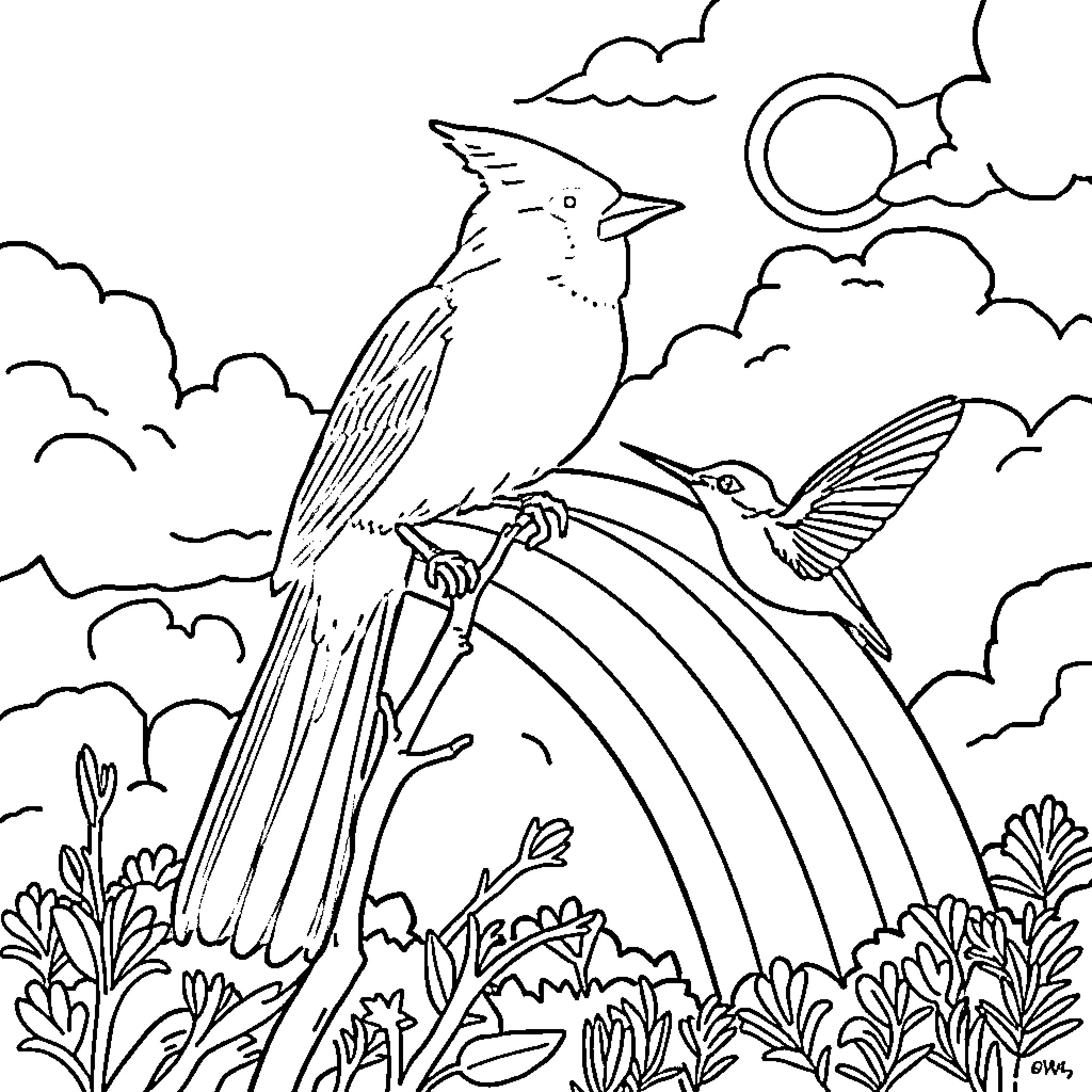 Bird pair in a lush nature scene Coloring Page (free black-and-white line drawing printable PDF for all, from beginners to advanced learners, including children, teens, adults, and seniors)