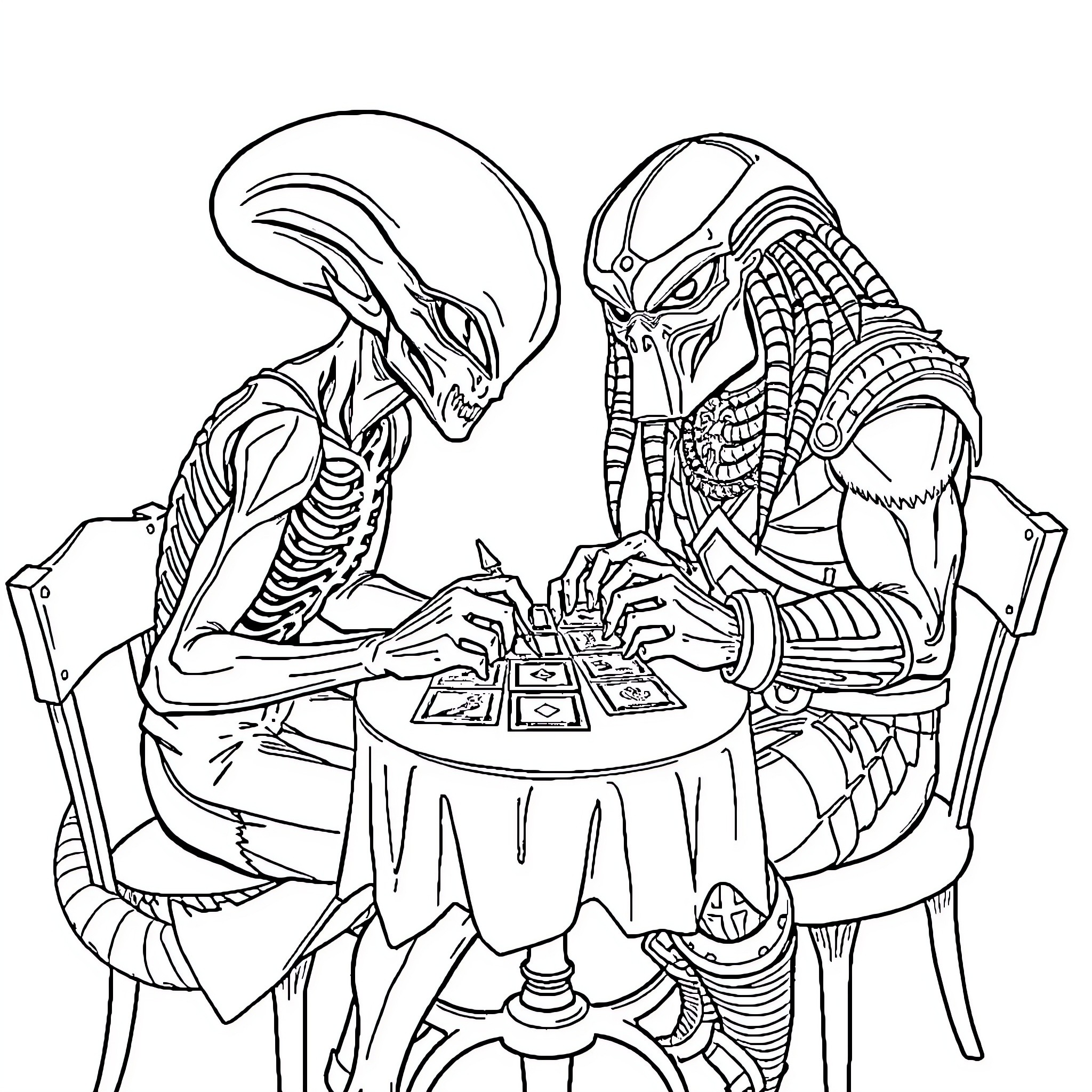 Alien Creatures Playing Game at Table Coloring Page (free black-and-white line drawing printable PDF for all, from beginners to advanced learners, including children, teens, adults, and seniors)