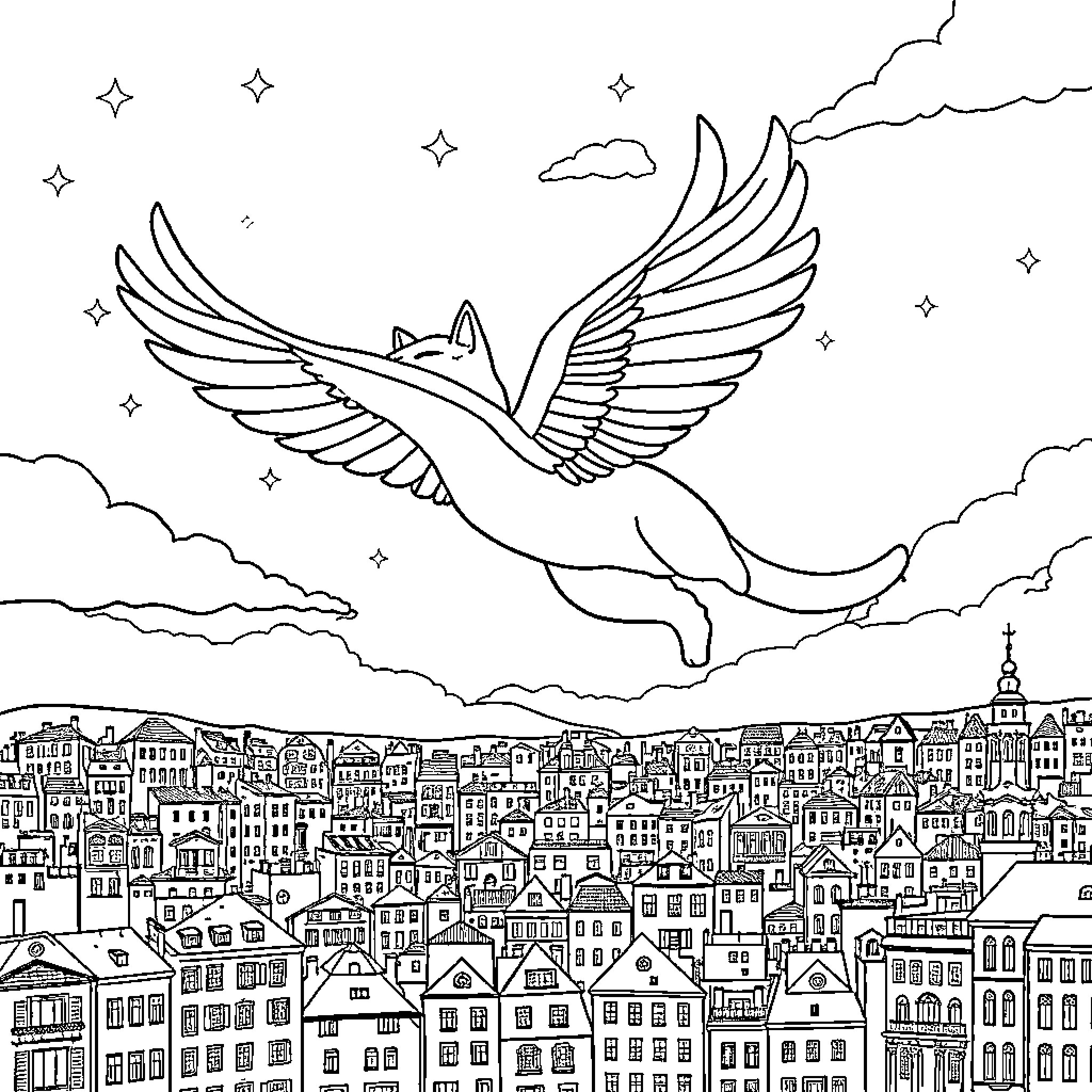 Cat with wings soaring over a city landscape Coloring Page (free black-and-white line drawing printable PDF for all, from beginners to advanced learners, including children, teens, adults, and seniors)
