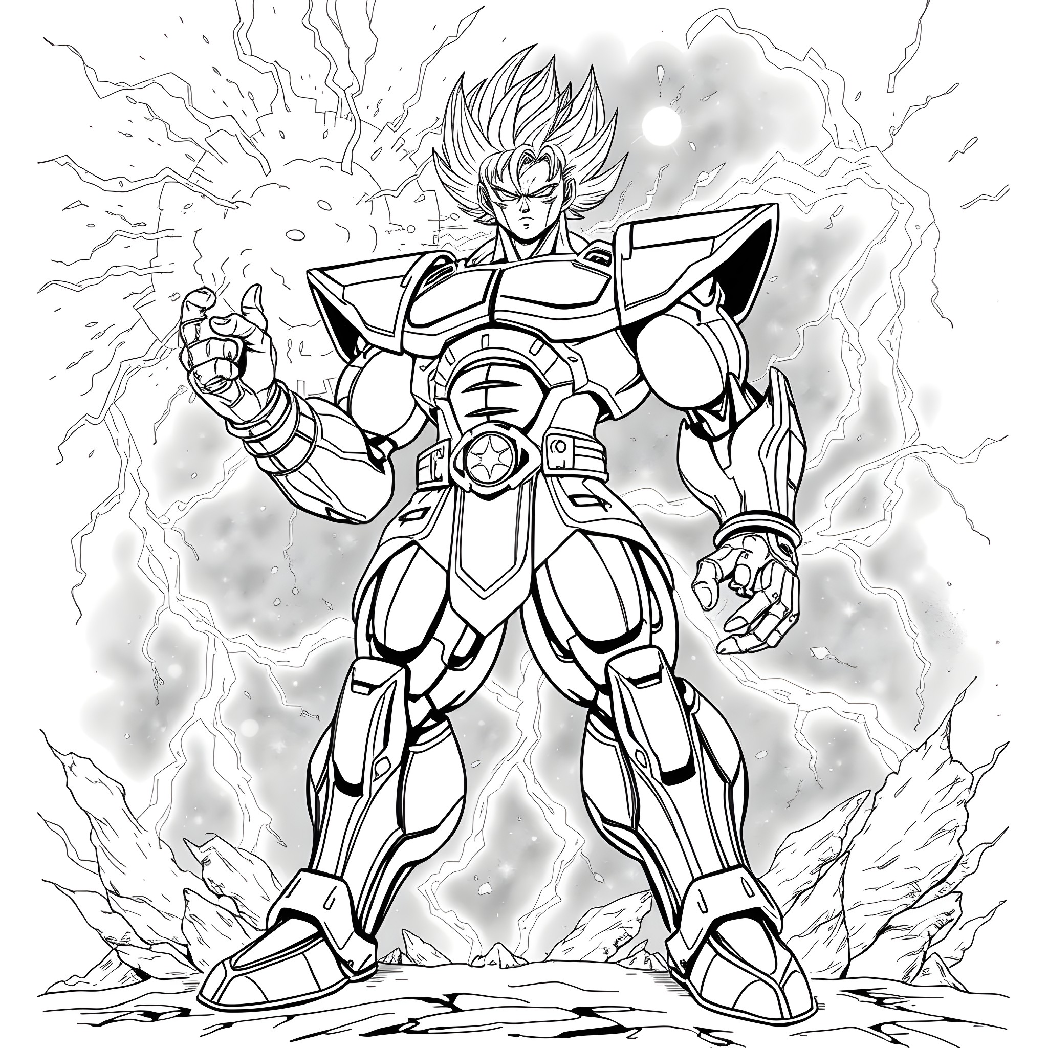 Mecha Broly Unleashing Devastating Power Coloring Page (free black-and-white line drawing printable PDF for all, from beginners to advanced learners, including children, teens, adults, and seniors)