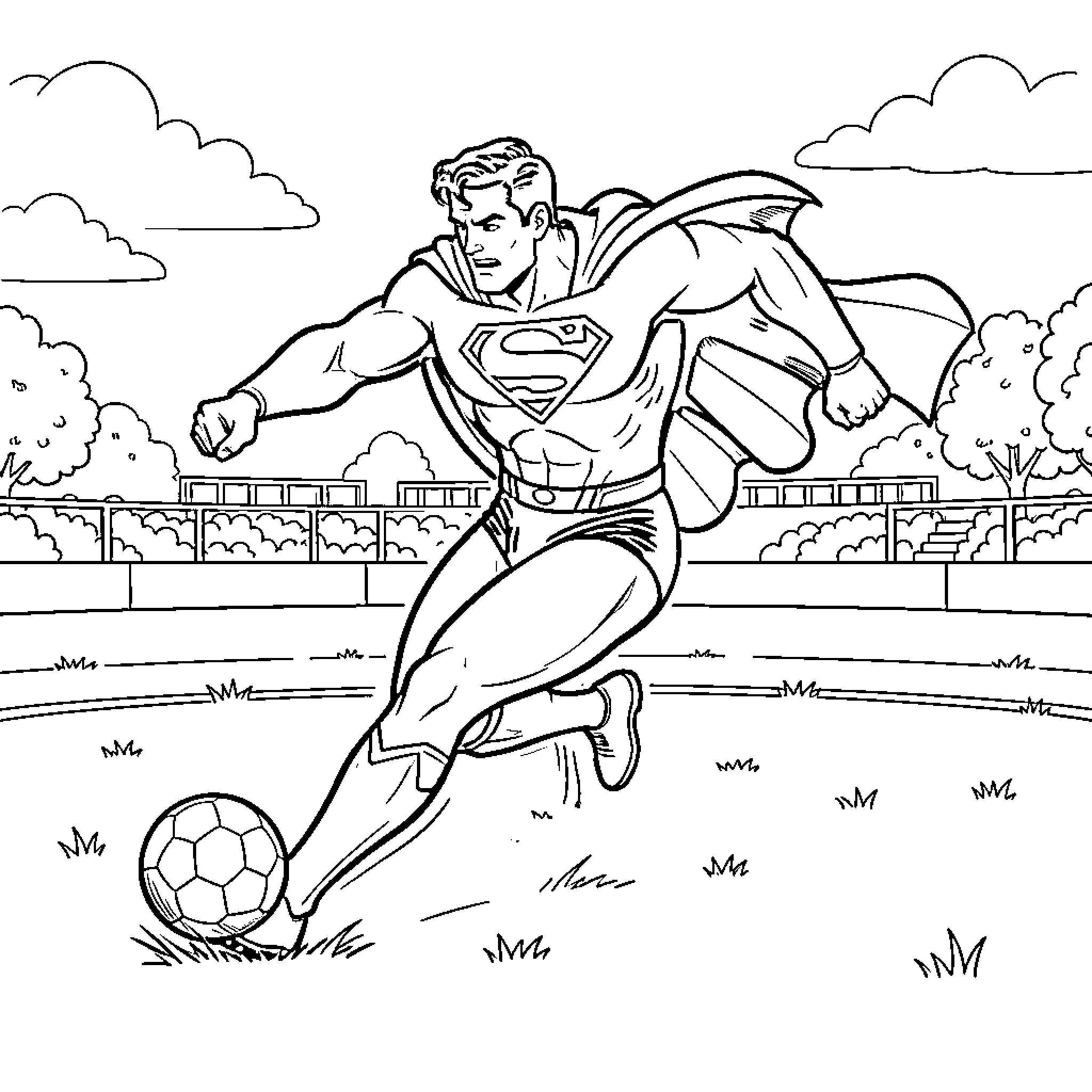 Superman kicking a soccer ball on the field Coloring Page (free black-and-white line drawing printable PDF for all, from beginners to advanced learners, including children, teens, adults, and seniors)