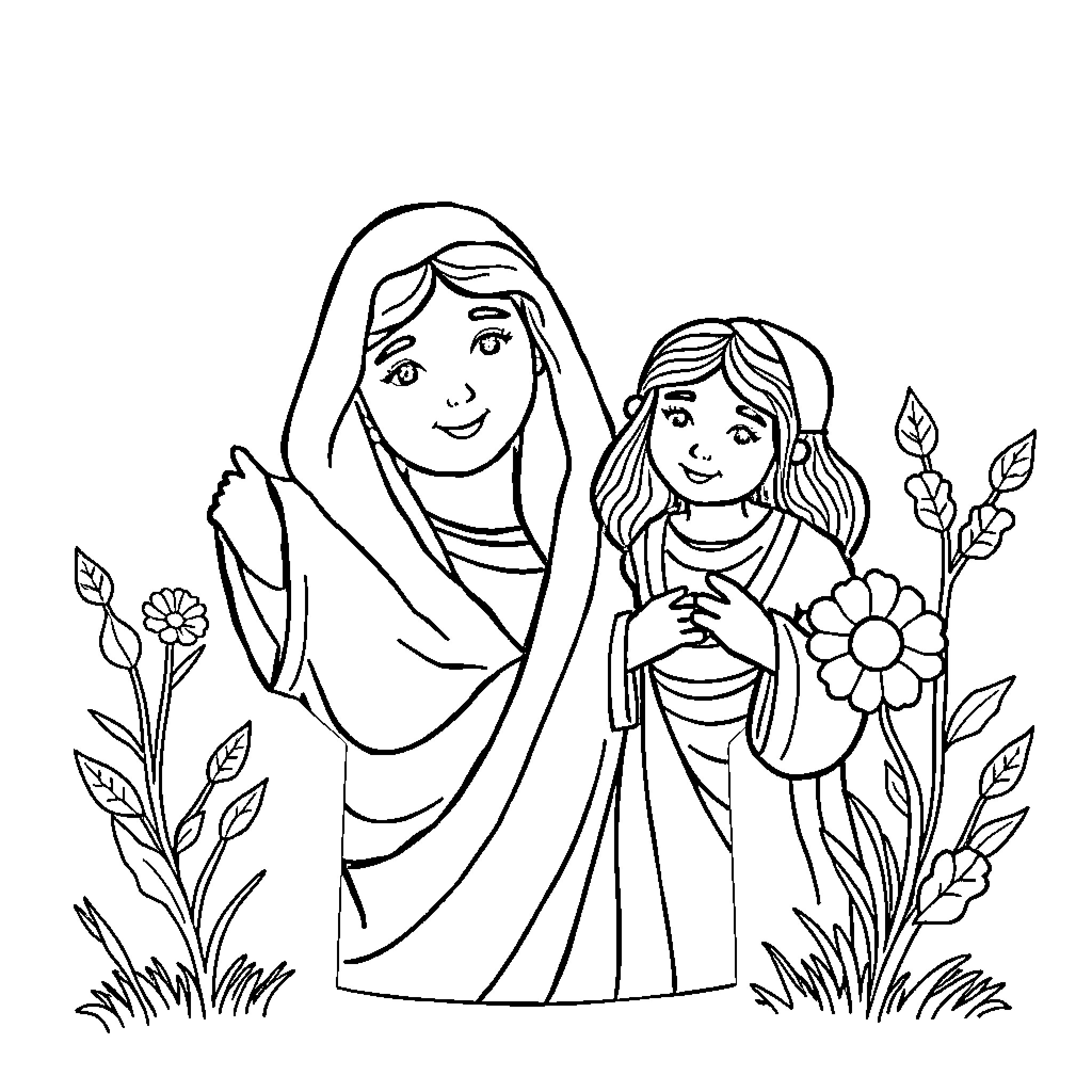 Esther sharing a moment with a young girl in a floral garden Coloring Page (free black-and-white line drawing printable PDF for all, from beginners to advanced learners, including children, teens, adults, and seniors)