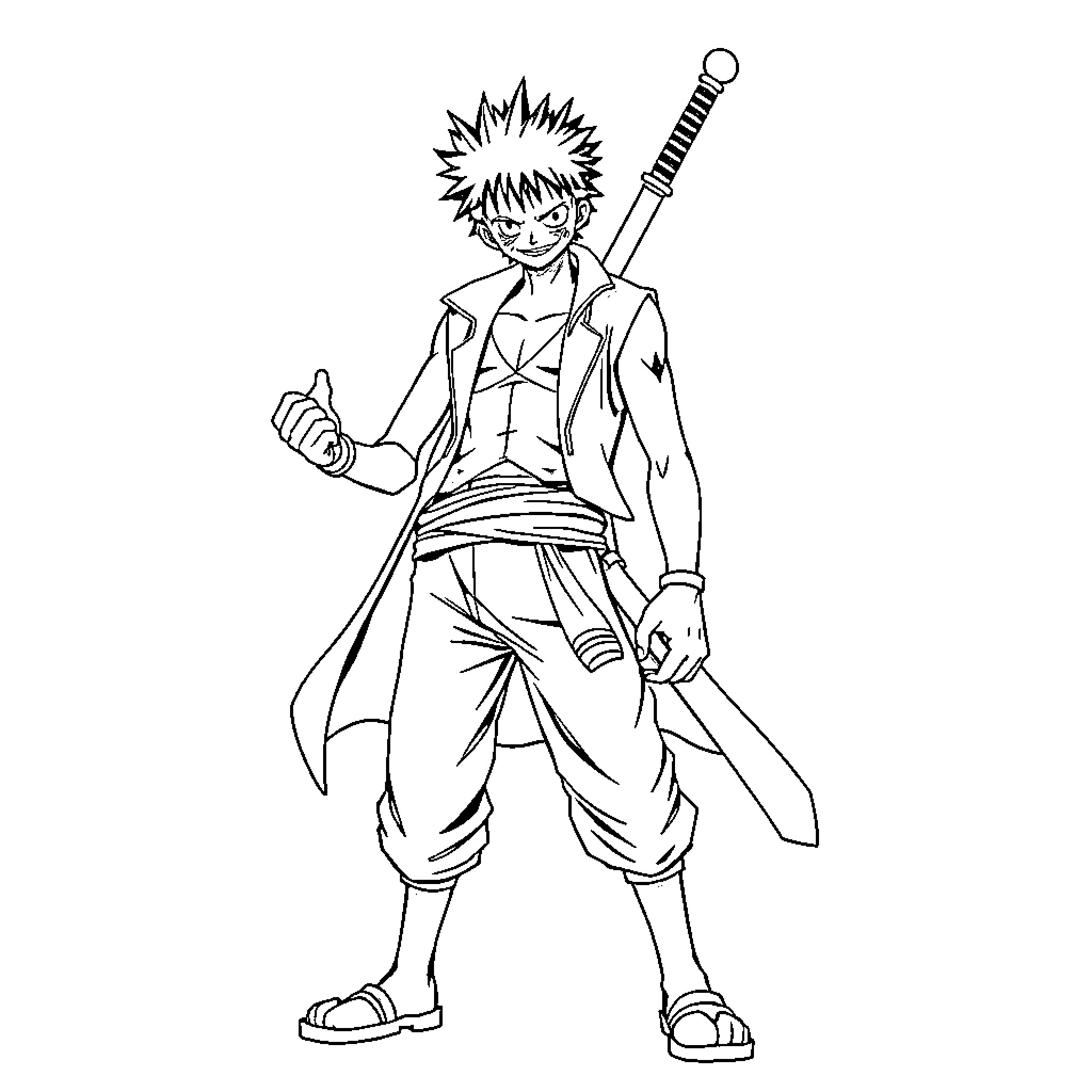 Zoro Wielding Sword with Determined Expression Coloring Page (free black-and-white line drawing printable PDF for all, from beginners to advanced learners, including children, teens, adults, and seniors)