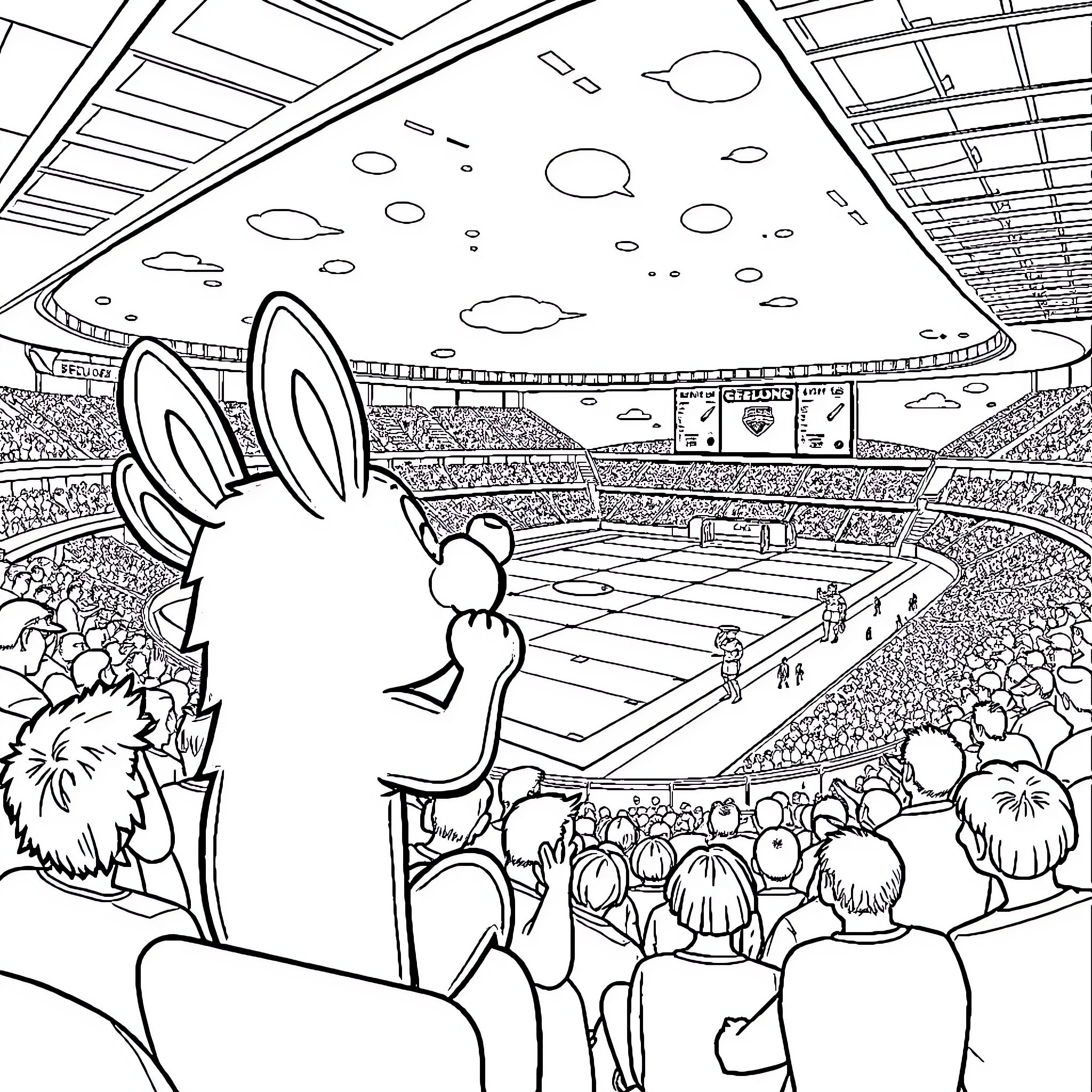 Bluey Cheers on at the Big Game Coloring Page (free black-and-white line drawing printable PDF for all, from beginners to advanced learners, including children, teens, adults, and seniors)