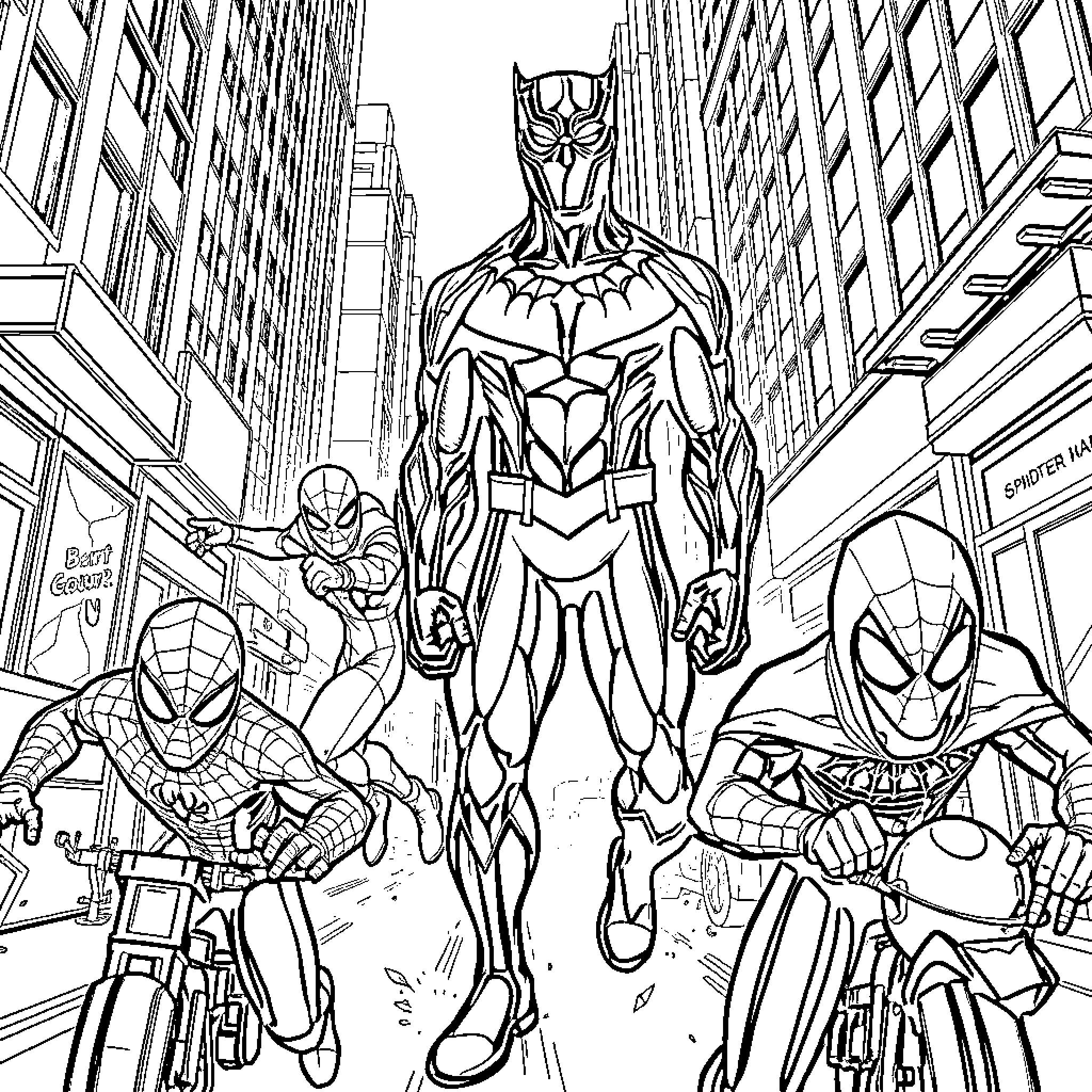 Panther Superheroes Defending the City Coloring Page (free black-and-white line drawing printable PDF for all, from beginners to advanced learners, including children, teens, adults, and seniors)