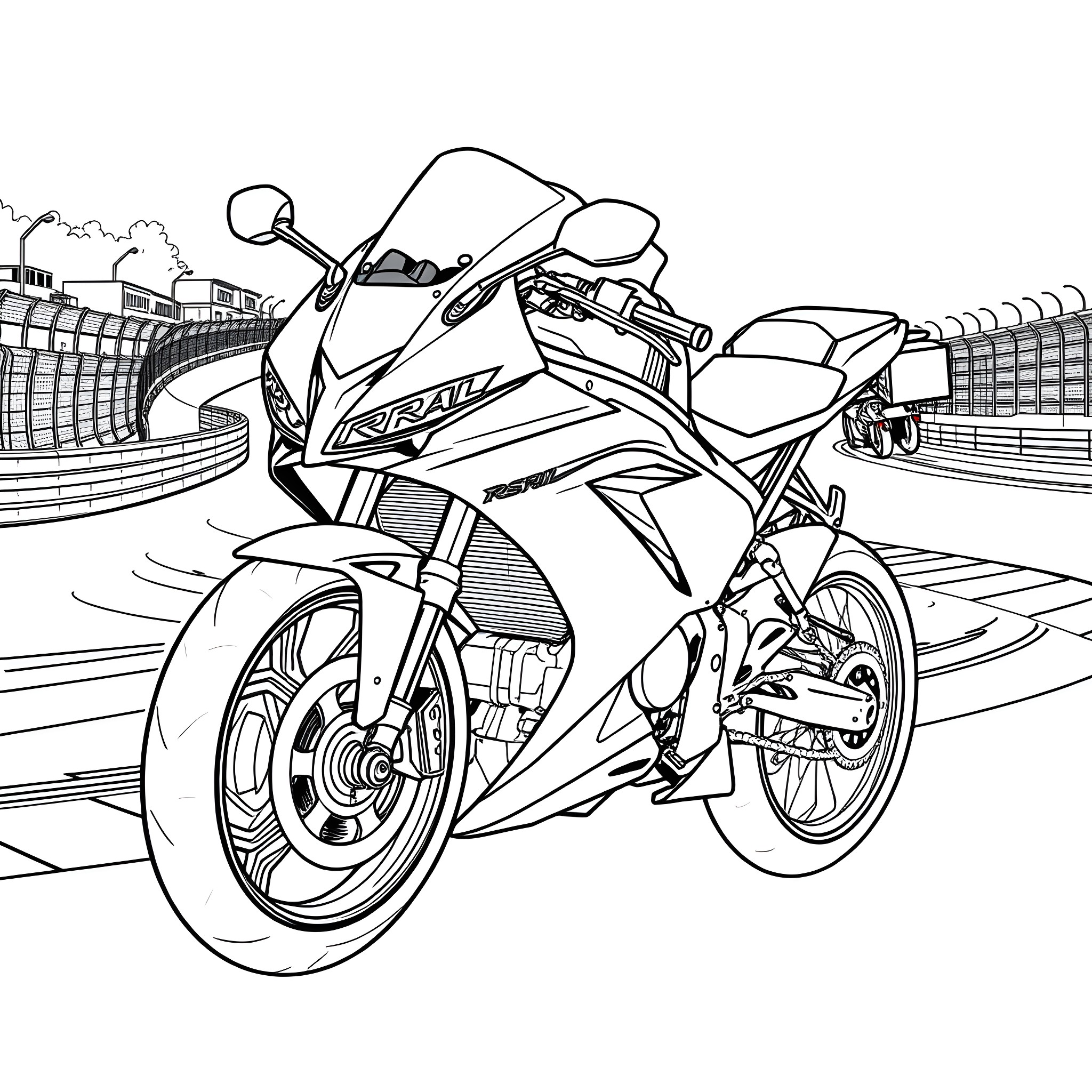 Aprilia RSV4 speeding on the racetrack Coloring Page (free black-and-white line drawing printable PDF for all, from beginners to advanced learners, including children, teens, adults, and seniors)