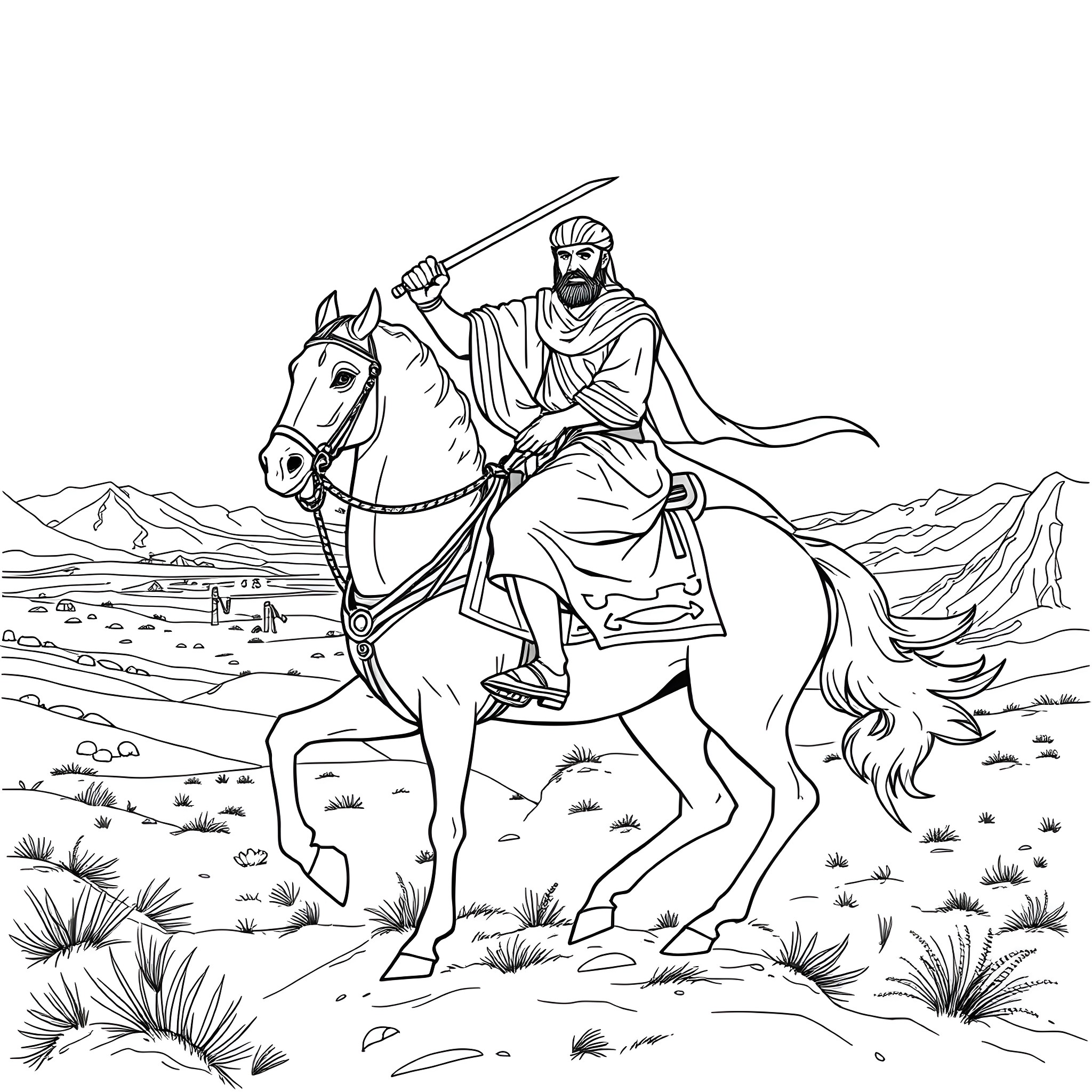 Zaid Ibn Harith riding a horse in the desert landscape Coloring Page (free black-and-white line drawing printable PDF for all, from beginners to advanced learners, including children, teens, adults, and seniors)