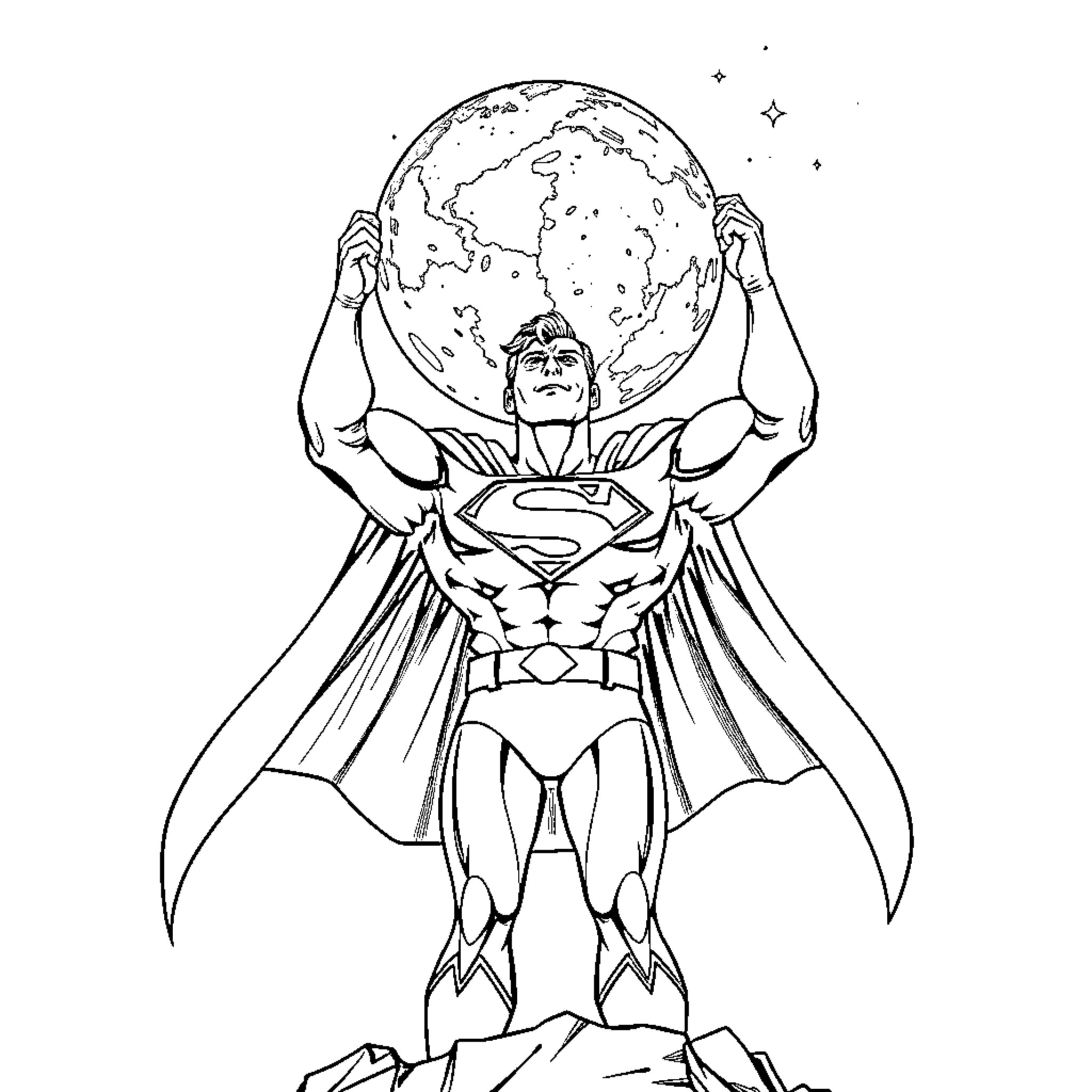 Superman holding up the world heroically Coloring Page (free black-and-white line drawing printable PDF for all, from beginners to advanced learners, including children, teens, adults, and seniors)