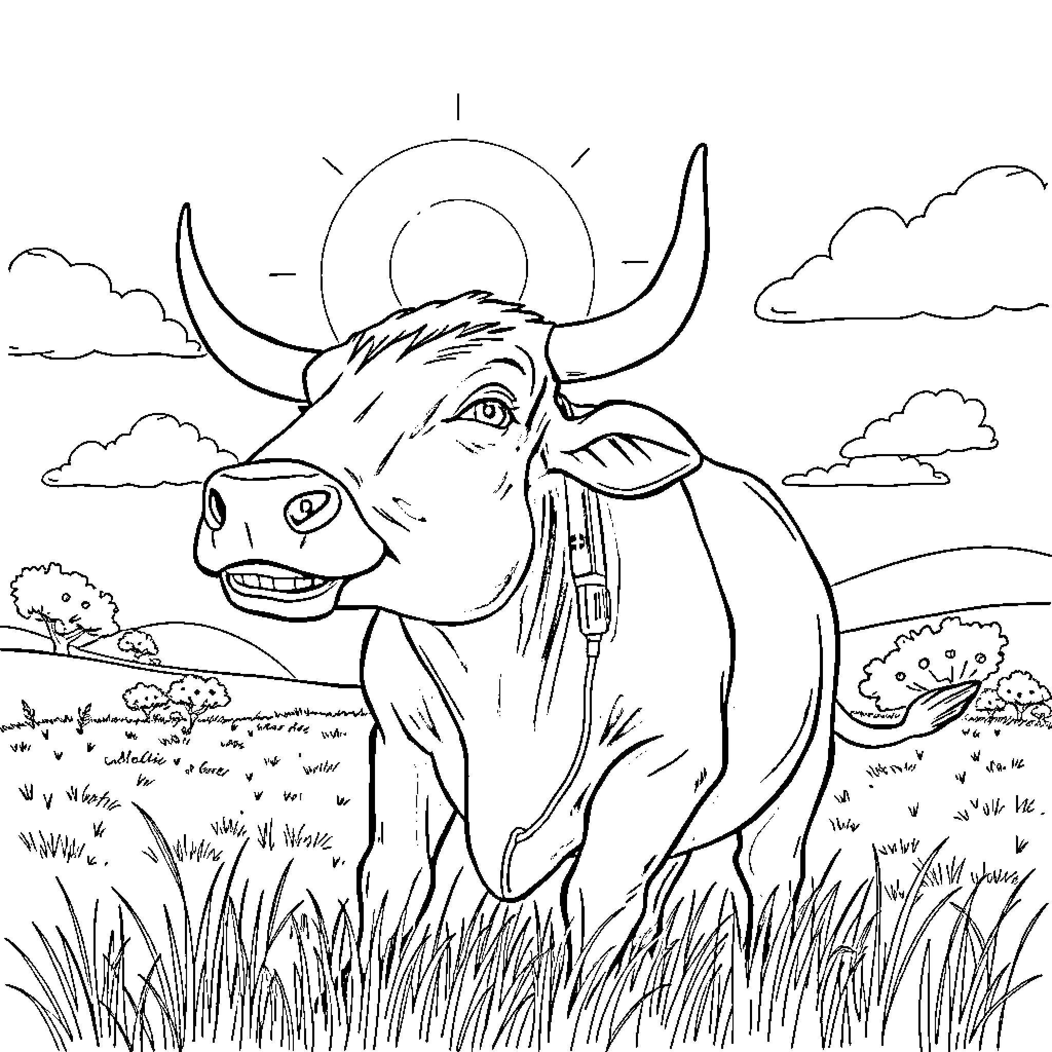 Bluetooth cow enjoying a peaceful meadow Coloring Page (free black-and-white line drawing printable PDF for all, from beginners to advanced learners, including children, teens, adults, and seniors)