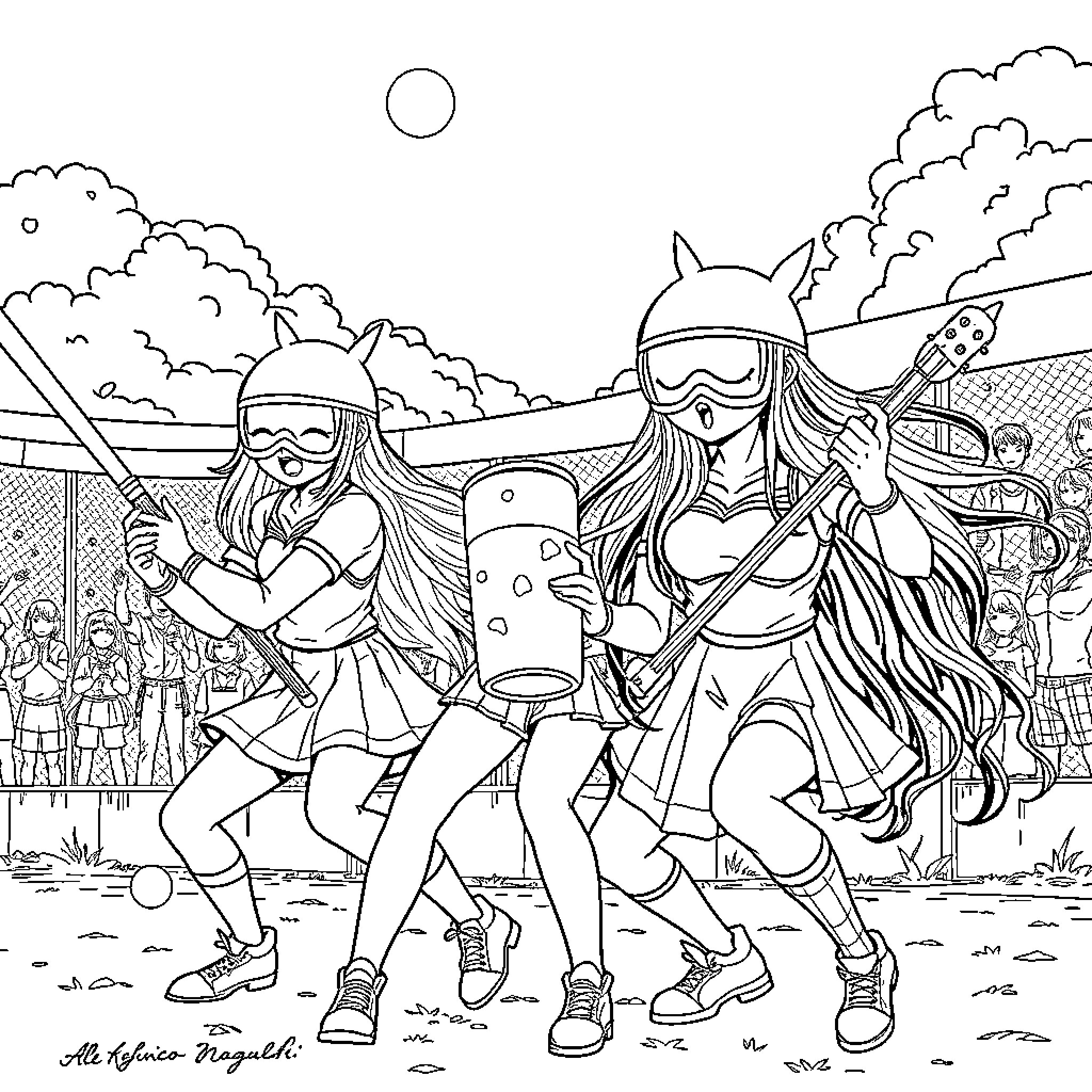Kpop Warriors Perform on Stage with Energy and Enthusiasm Coloring Page (free black-and-white line drawing printable PDF for all, from beginners to advanced learners, including children, teens, adults, and seniors)