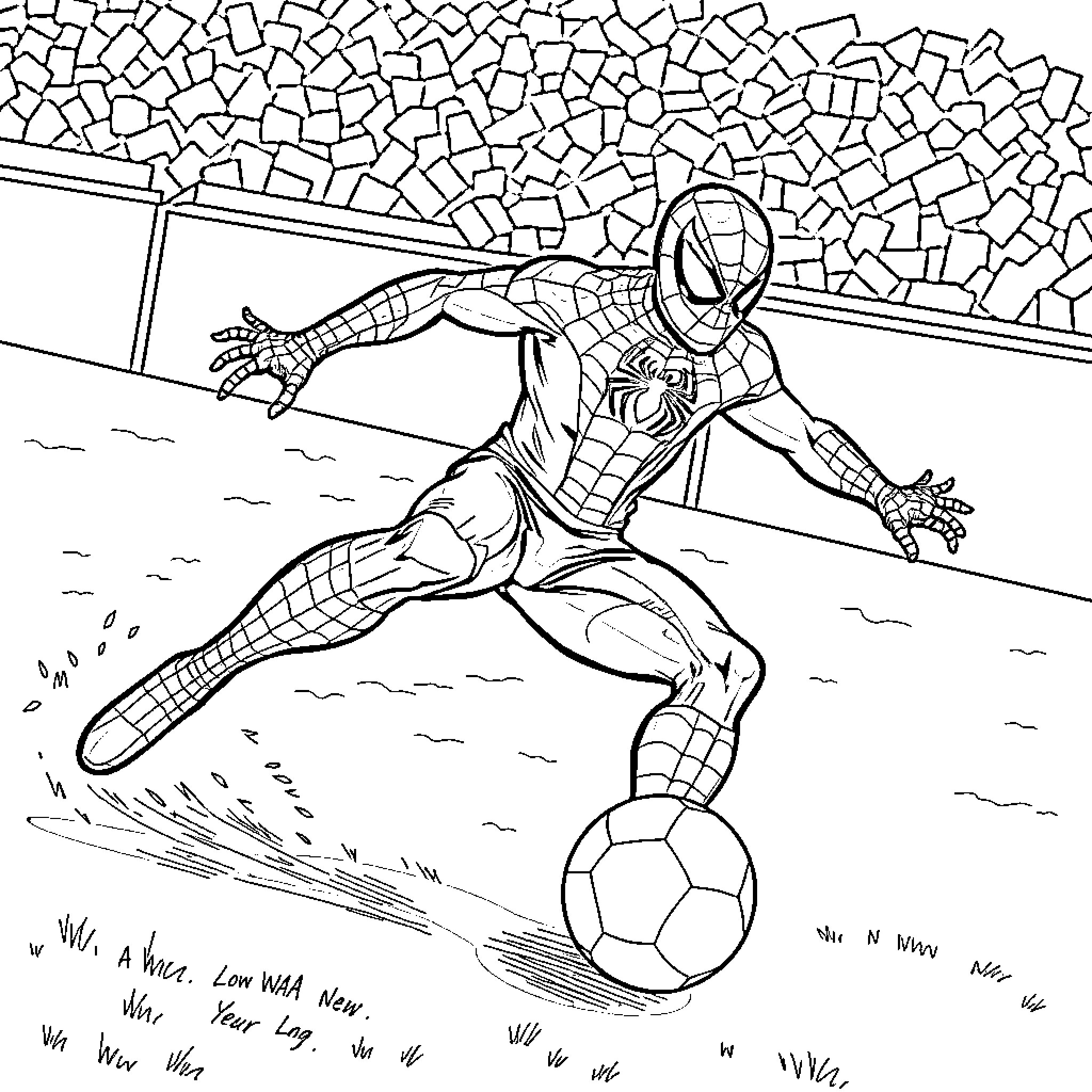 Spiderman Playing Soccer on Broken Pavement Coloring Page (free black-and-white line drawing printable PDF for all, from beginners to advanced learners, including children, teens, adults, and seniors)
