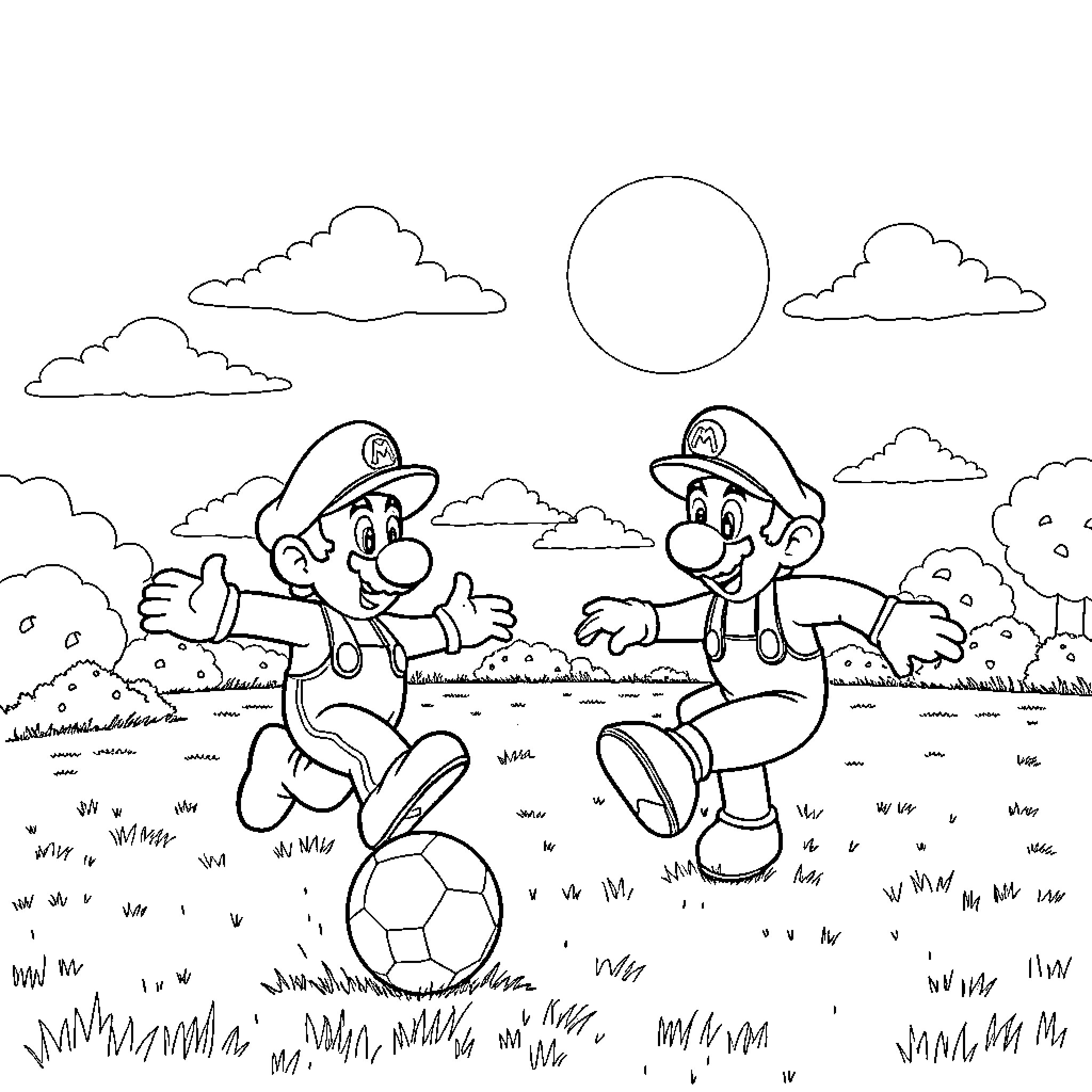 Mario and Luigi playing soccer in the park Coloring Page (free black-and-white line drawing printable PDF for all, from beginners to advanced learners, including children, teens, adults, and seniors)
