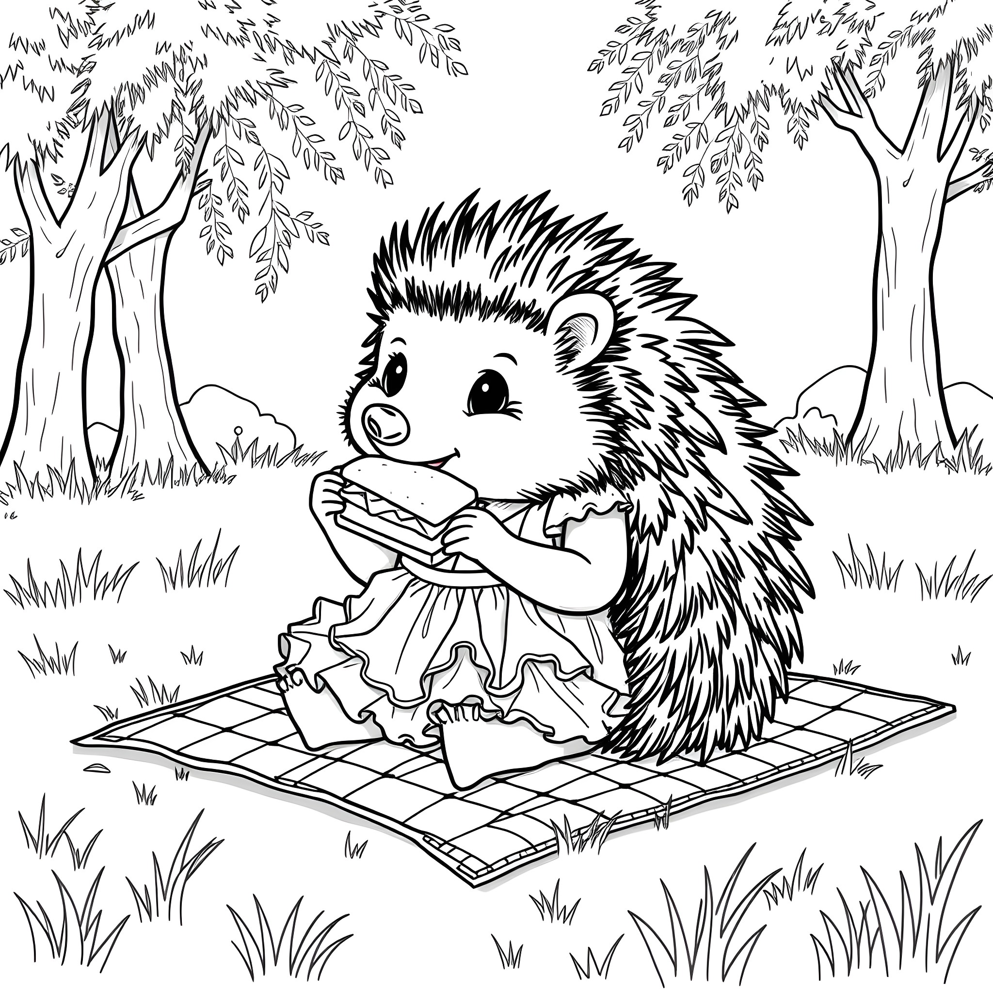 Hedgehog enjoying a picnic in the forest Coloring Page (free black-and-white line drawing printable PDF for all, from beginners to advanced learners, including children, teens, adults, and seniors)