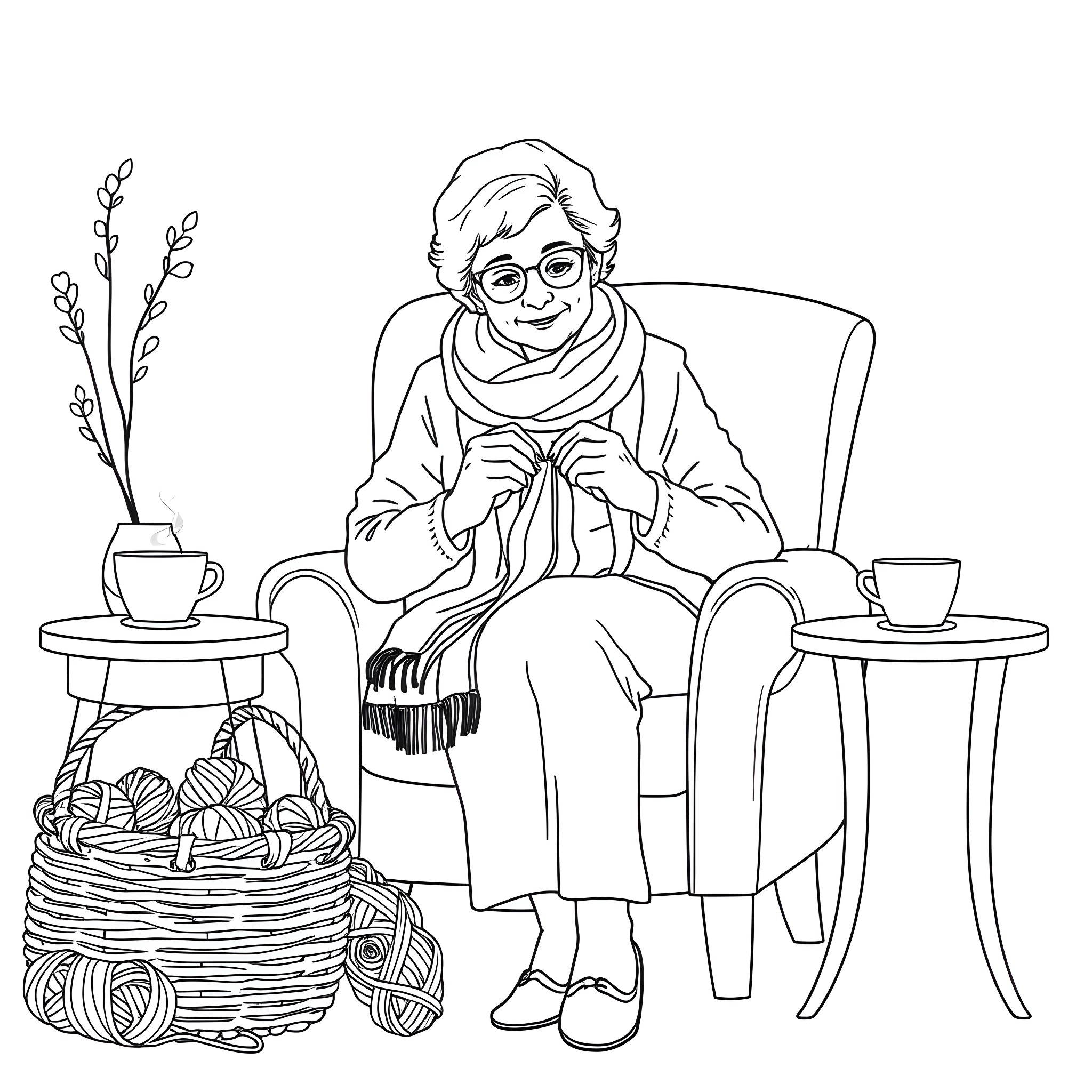 Woman Knitting Comfortably by the Fireplace Coloring Page (free black-and-white line drawing printable PDF for all, from beginners to advanced learners, including children, teens, adults, and seniors)