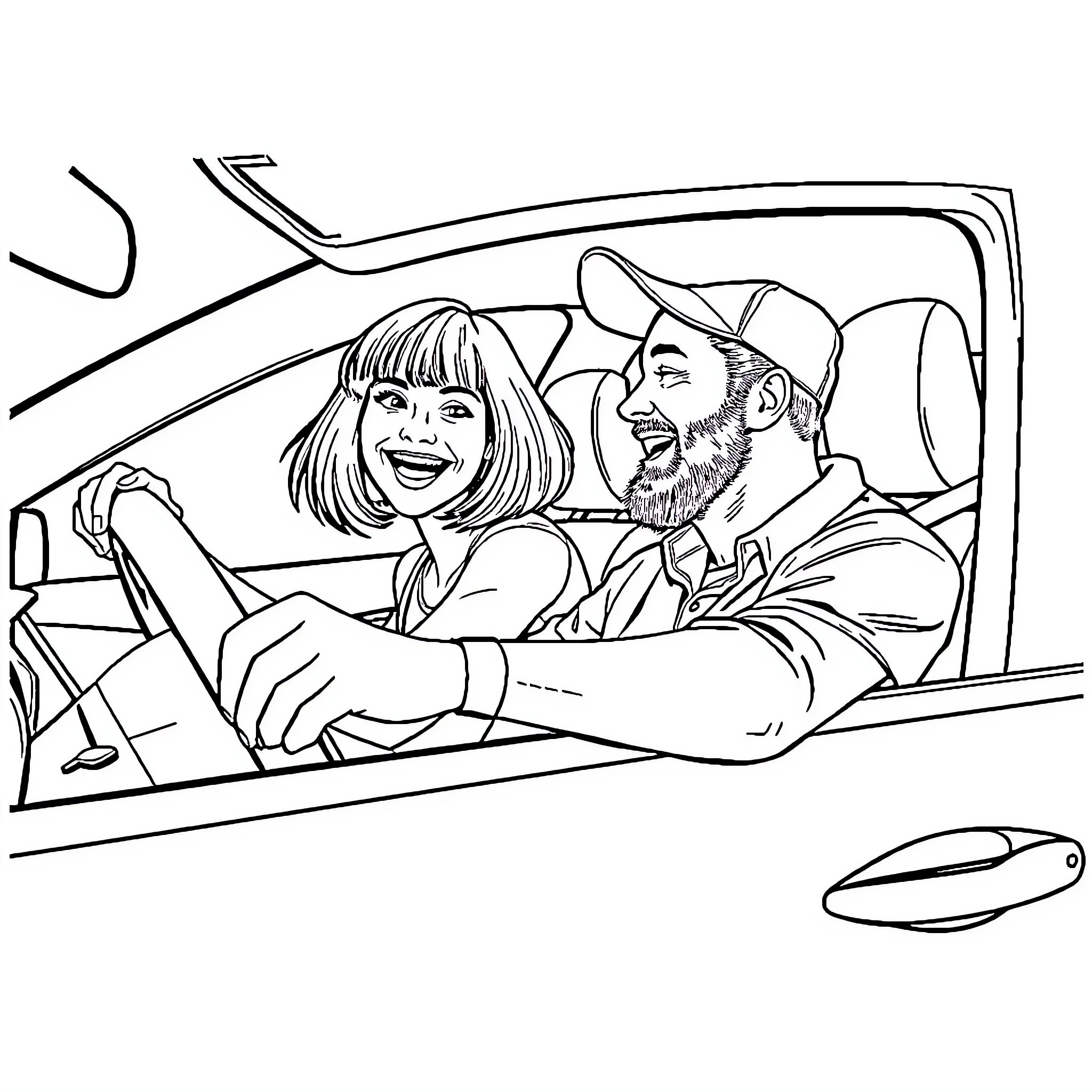 Woman and man laughing together in car Coloring Page (free black-and-white line drawing printable PDF for all, from beginners to advanced learners, including children, teens, adults, and seniors)