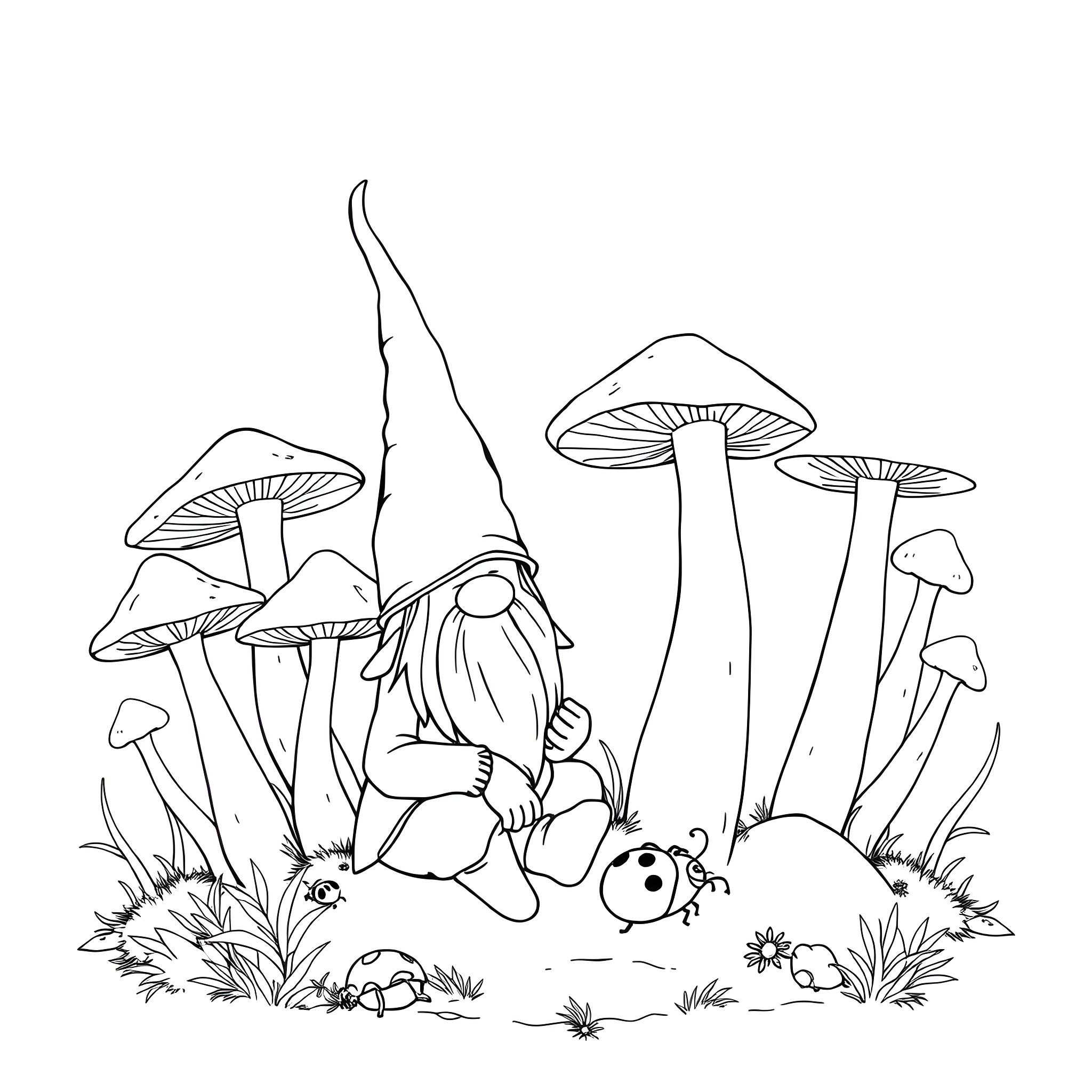 Gnome relaxing among mushrooms and wildlife Coloring Page (free black-and-white line drawing printable PDF for all, from beginners to advanced learners, including children, teens, adults, and seniors)