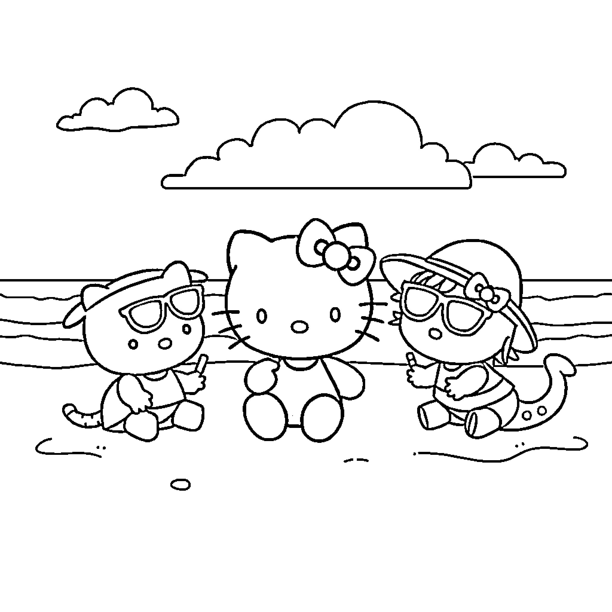 Hello Kitty playing on the beach with friends Coloring Page (free black-and-white line drawing printable PDF for all, from beginners to advanced learners, including children, teens, adults, and seniors)