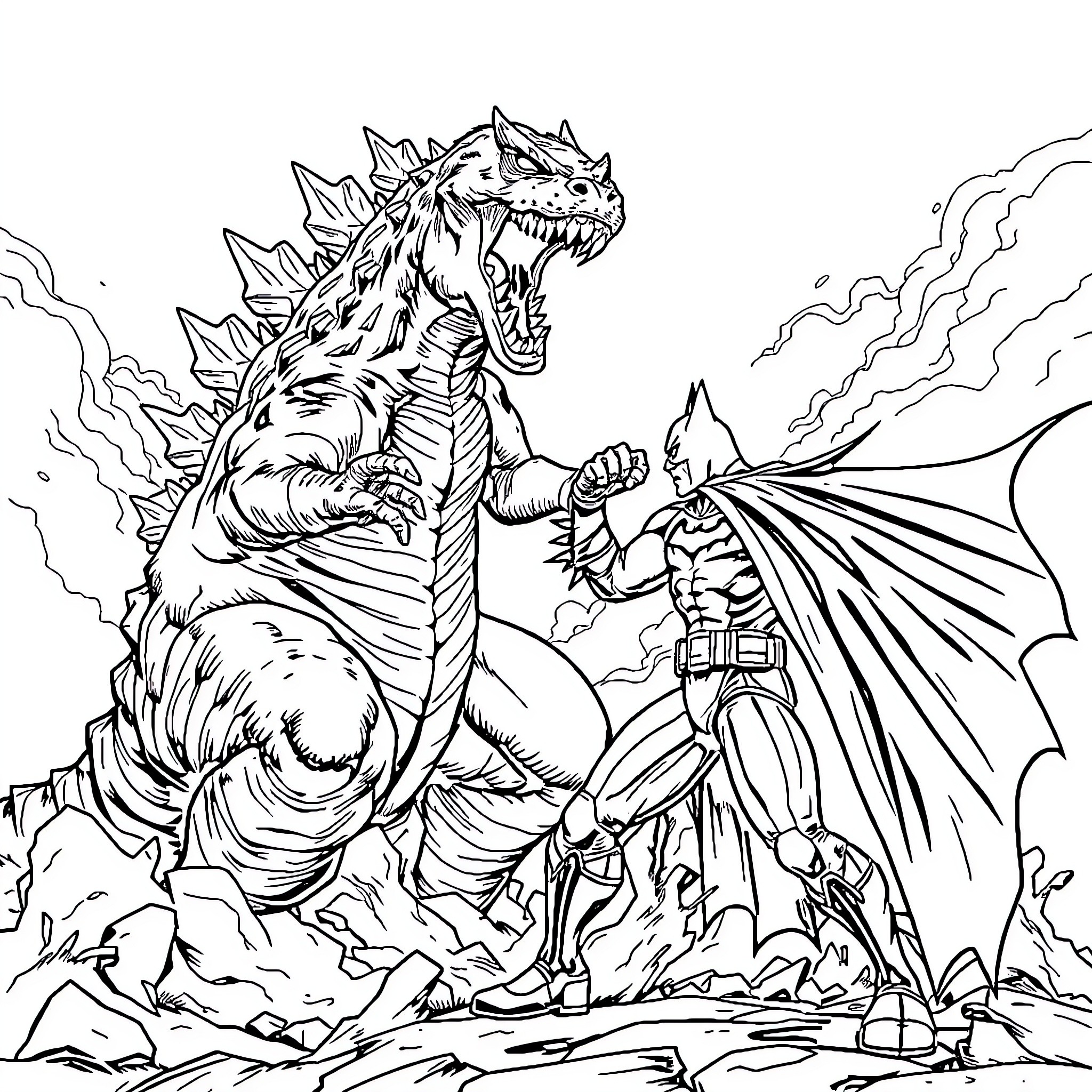Godzilla Confronts the Heroic Warrior in Fierce Battle Coloring Page (free black-and-white line drawing printable PDF for all, from beginners to advanced learners, including children, teens, adults, and seniors)
