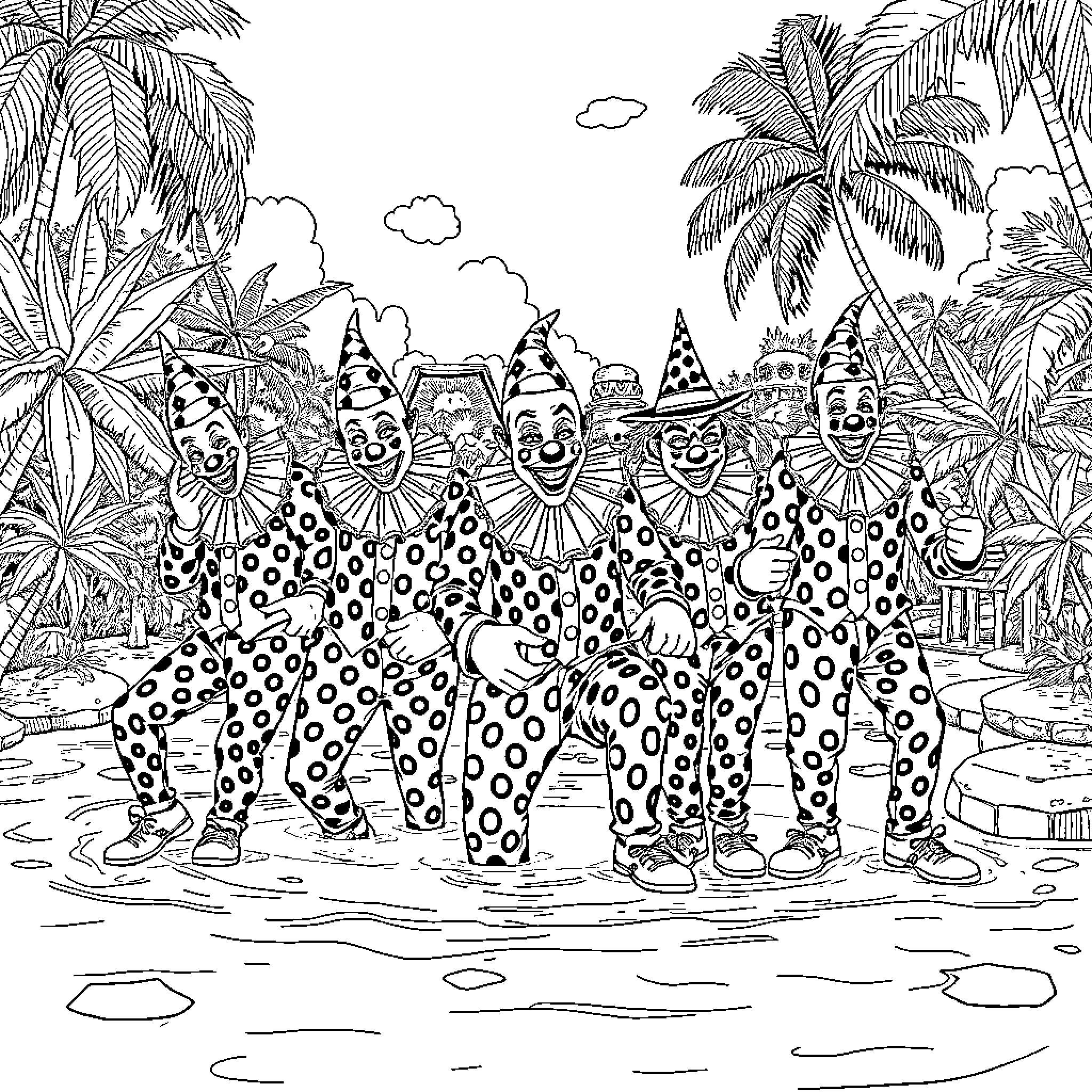 Clown Parade Celebrating in Tropical Paradise Coloring Page (free black-and-white line drawing printable PDF for all, from beginners to advanced learners, including children, teens, adults, and seniors)