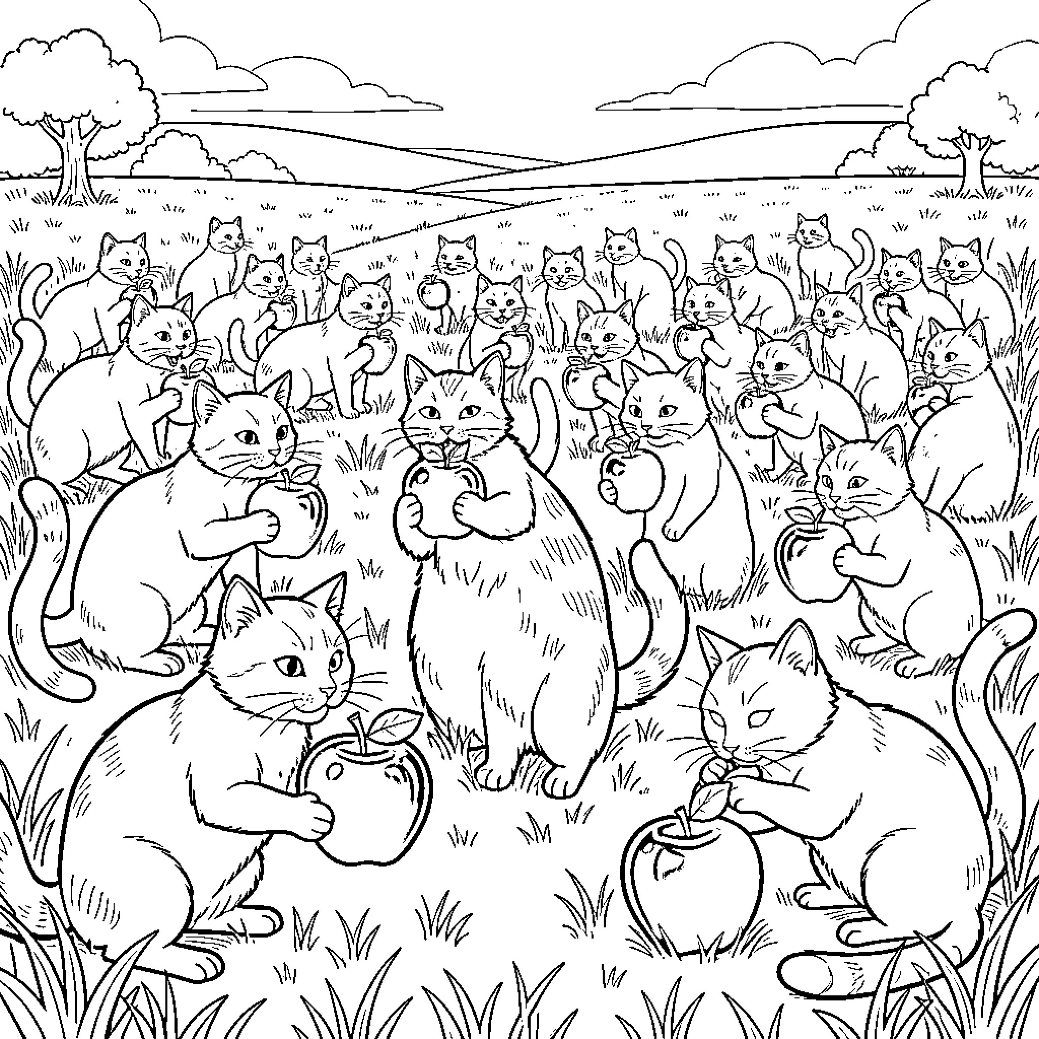 Cat gathering in the countryside Coloring Page (free black-and-white line drawing printable PDF for all, from beginners to advanced learners, including children, teens, adults, and seniors)