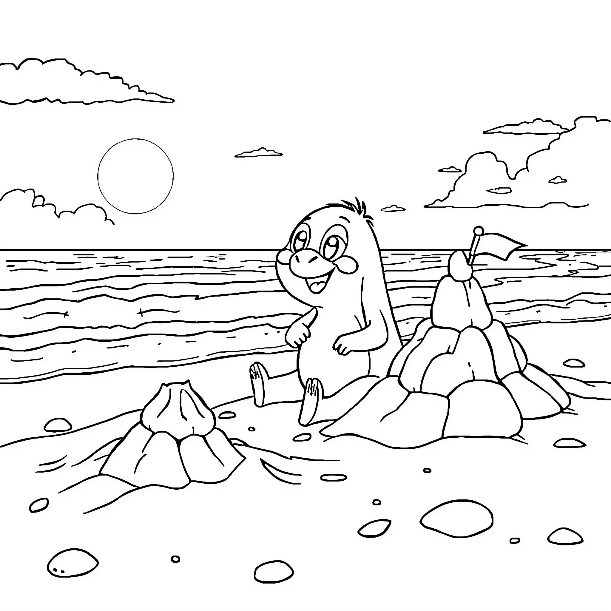 Pocchaco's Beach Day Adventure Coloring Page (free black-and-white line drawing printable PDF for all, from beginners to advanced learners, including children, teens, adults, and seniors)