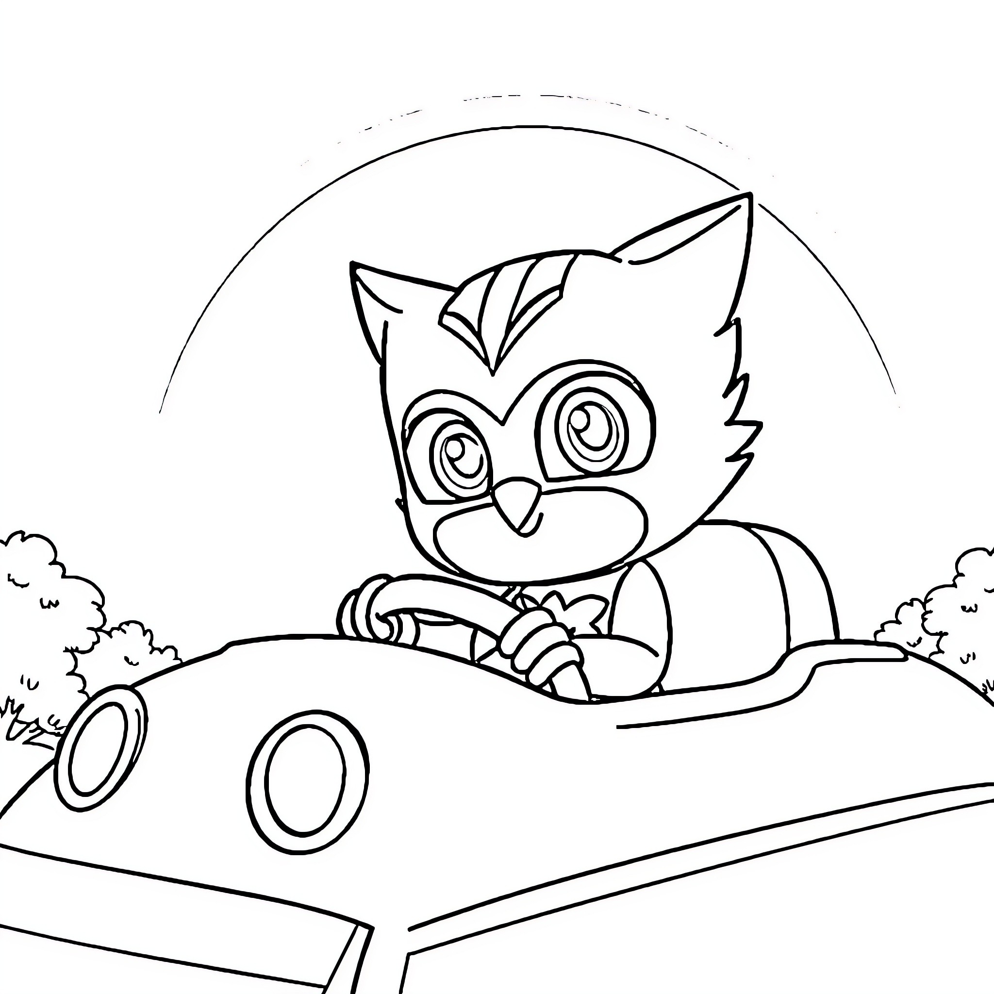 Owlette driving a vehicle in a nature scene Coloring Page (free black-and-white line drawing printable PDF for all, from beginners to advanced learners, including children, teens, adults, and seniors)