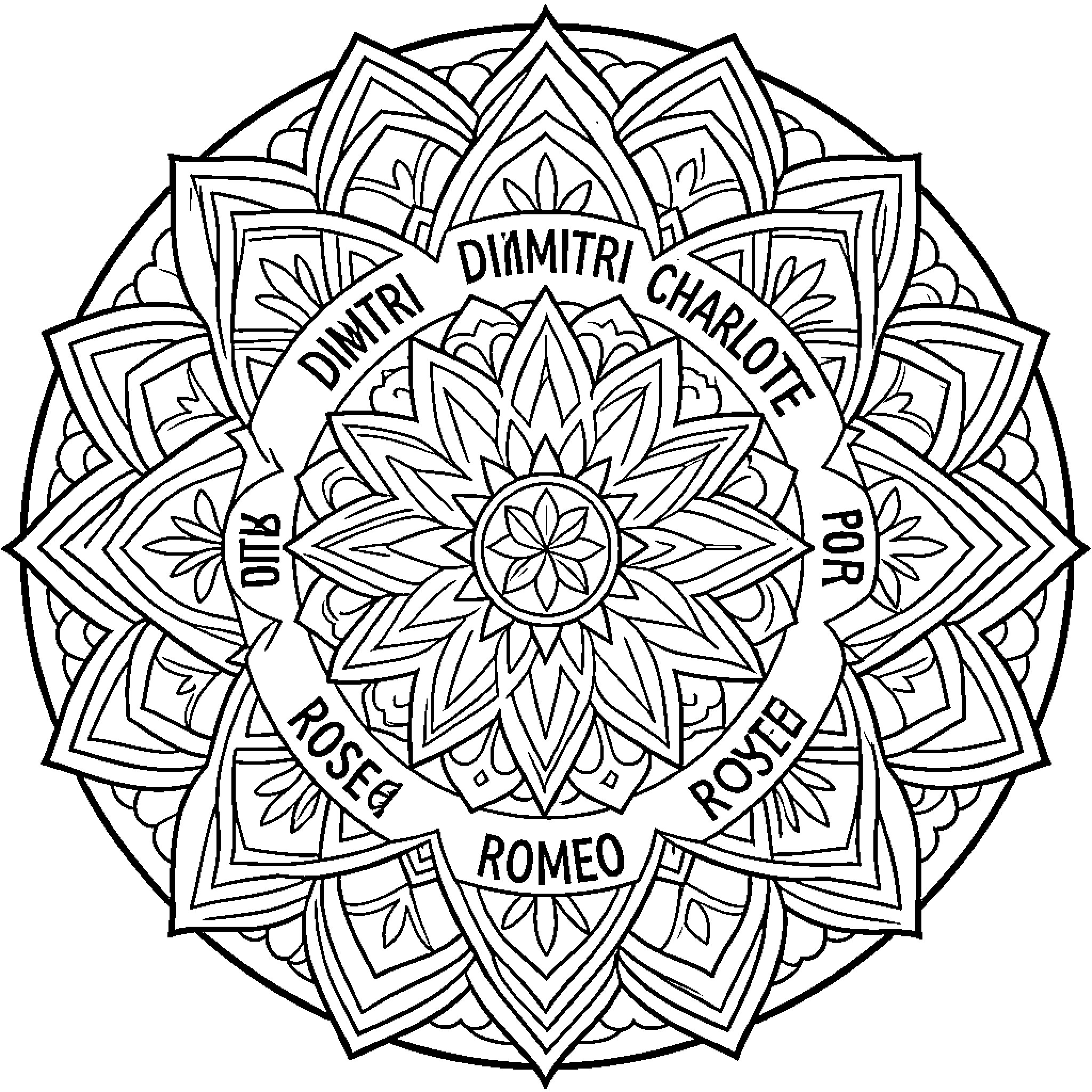 Mandala with Names and Decorative Patterns Coloring Page (free black-and-white line drawing printable PDF for all, from beginners to advanced learners, including children, teens, adults, and seniors)