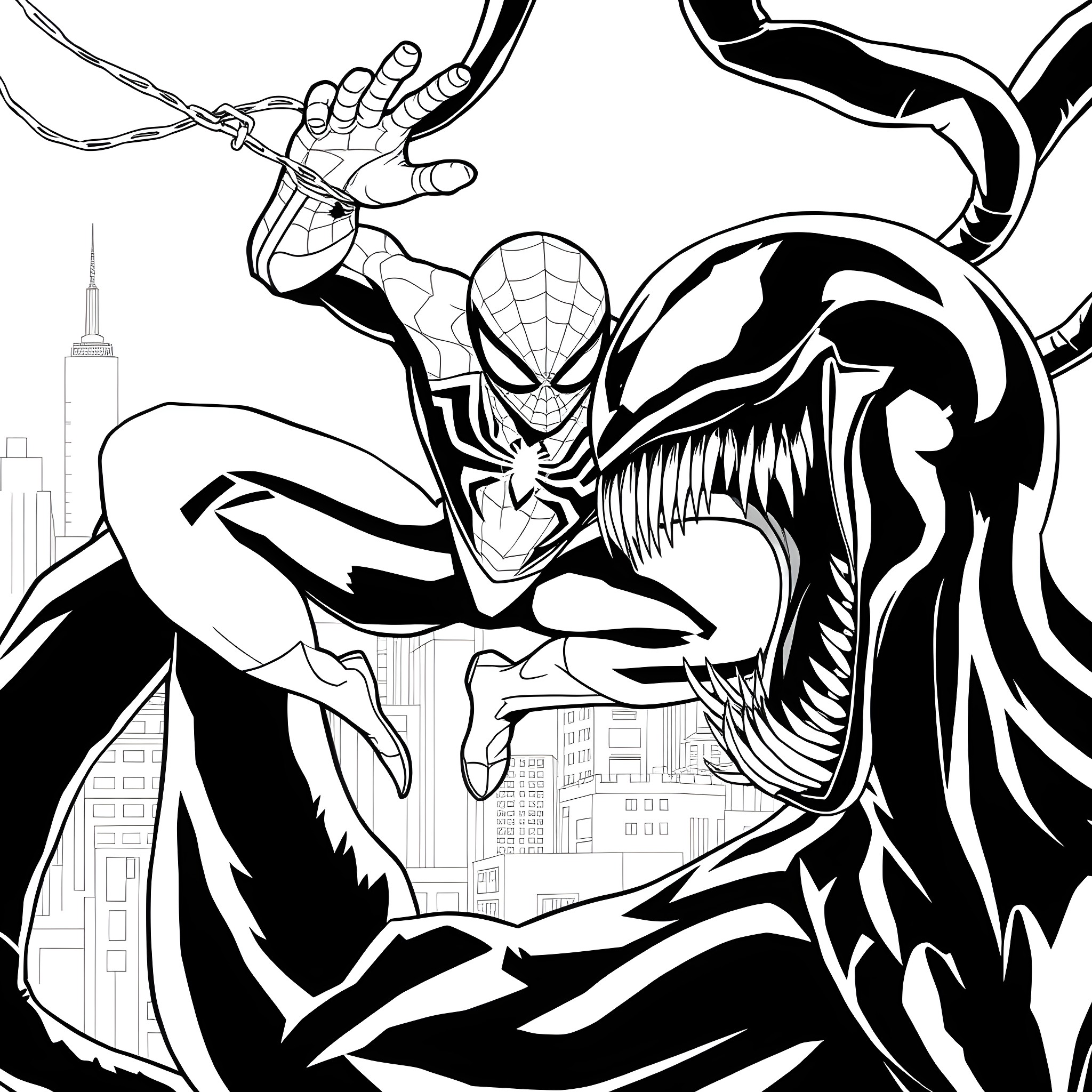 Spiderman battling a fierce enemy in the city Coloring Page (free black-and-white line drawing printable PDF for all, from beginners to advanced learners, including children, teens, adults, and seniors)