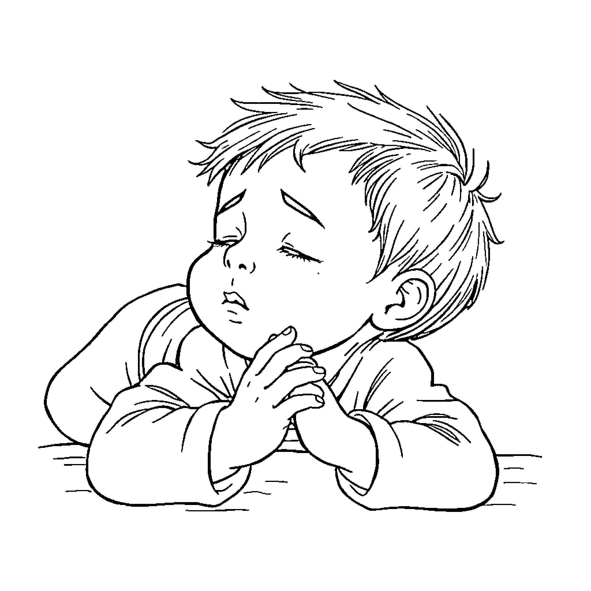 Niño praying with eyes closed Coloring Page (free black-and-white line drawing printable PDF for all, from beginners to advanced learners, including children, teens, adults, and seniors)