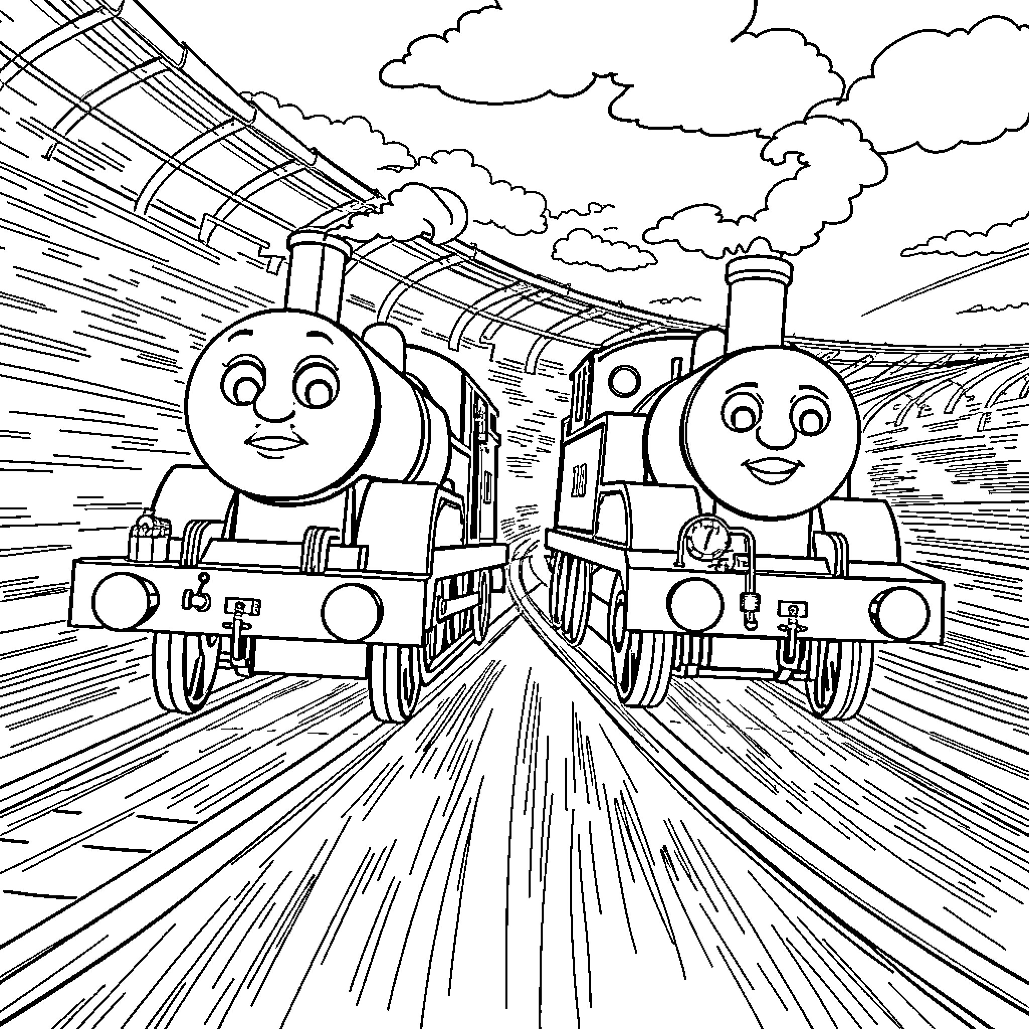 Lightning McQueen Trains Race Through Countryside Coloring Page (free black-and-white line drawing printable PDF for all, from beginners to advanced learners, including children, teens, adults, and seniors)