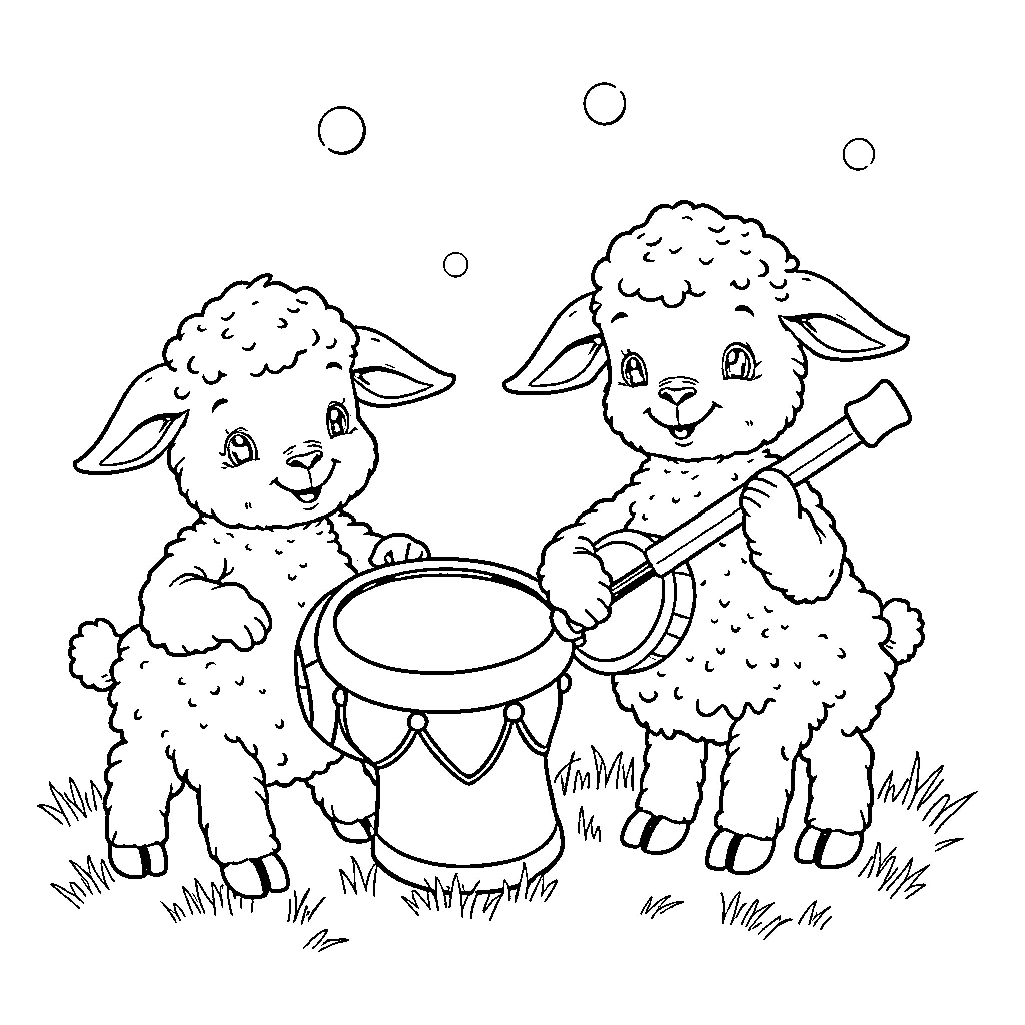 Lamb playing with drum in the meadow Coloring Page (free black-and-white line drawing printable PDF for all, from beginners to advanced learners, including children, teens, adults, and seniors)