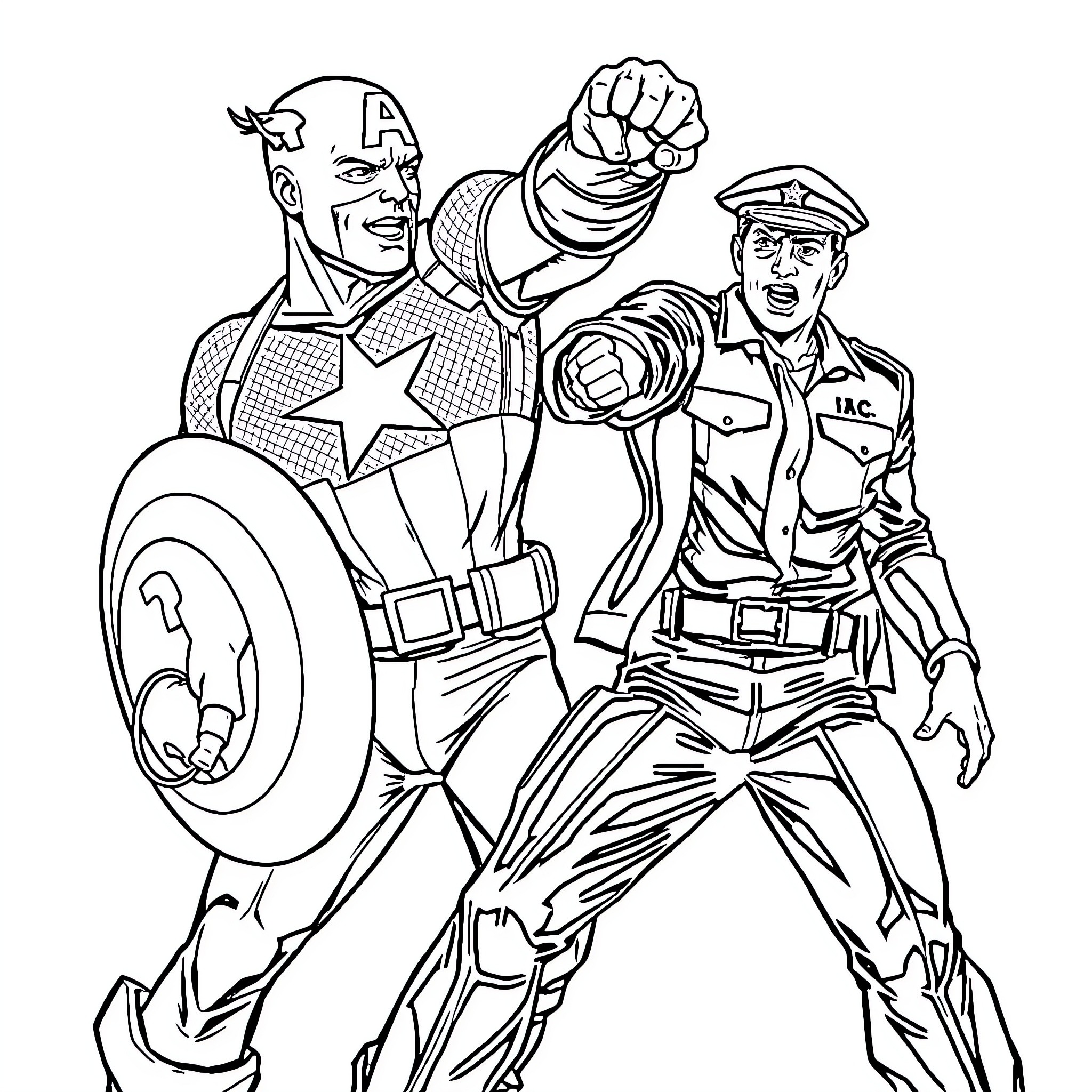 Captain America and Ally Fighting Heroically Coloring Page (free black-and-white line drawing printable PDF for all, from beginners to advanced learners, including children, teens, adults, and seniors)