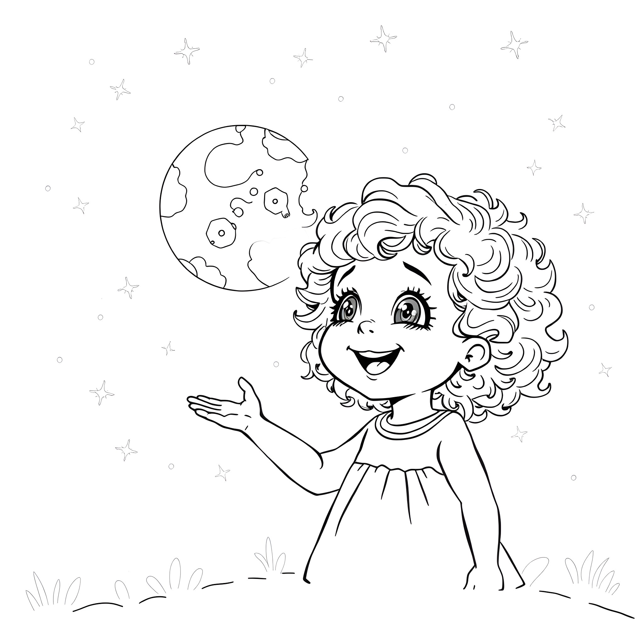 Moon gazing girl with curly hair Coloring Page (free black-and-white line drawing printable PDF for all, from beginners to advanced learners, including children, teens, adults, and seniors)