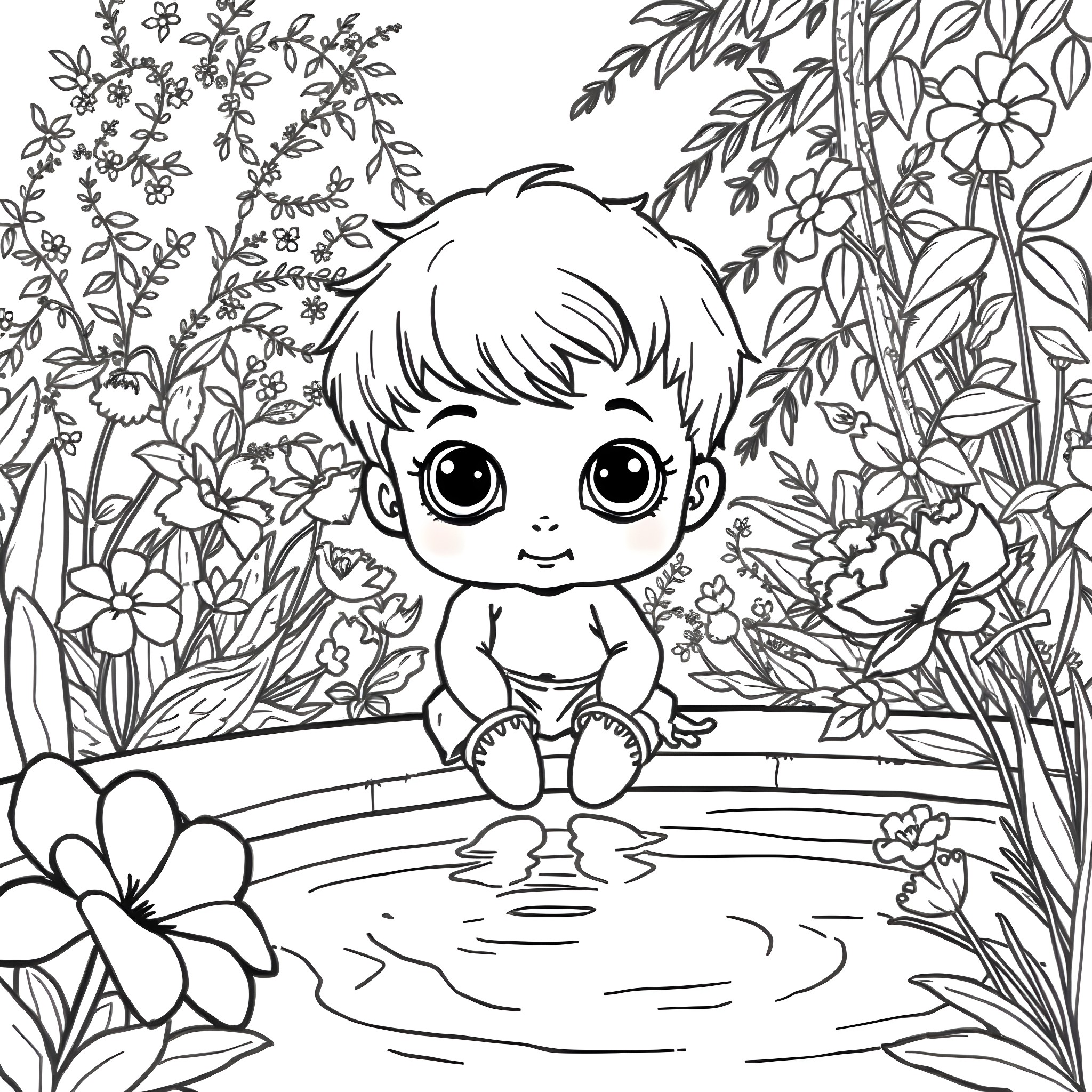 Boy Doll Sitting in a Floral Garden Coloring Page (free black-and-white line drawing printable PDF for all, from beginners to advanced learners, including children, teens, adults, and seniors)
