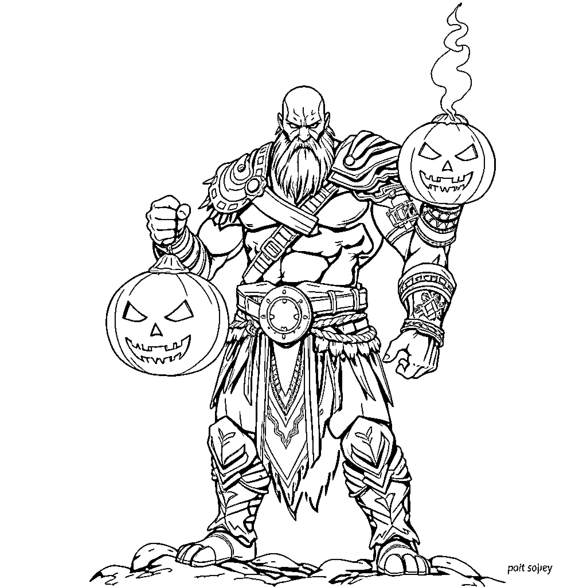 Kratos the Mighty Wields Pumpkins and Terror Coloring Page (free black-and-white line drawing printable PDF for all, from beginners to advanced learners, including children, teens, adults, and seniors)