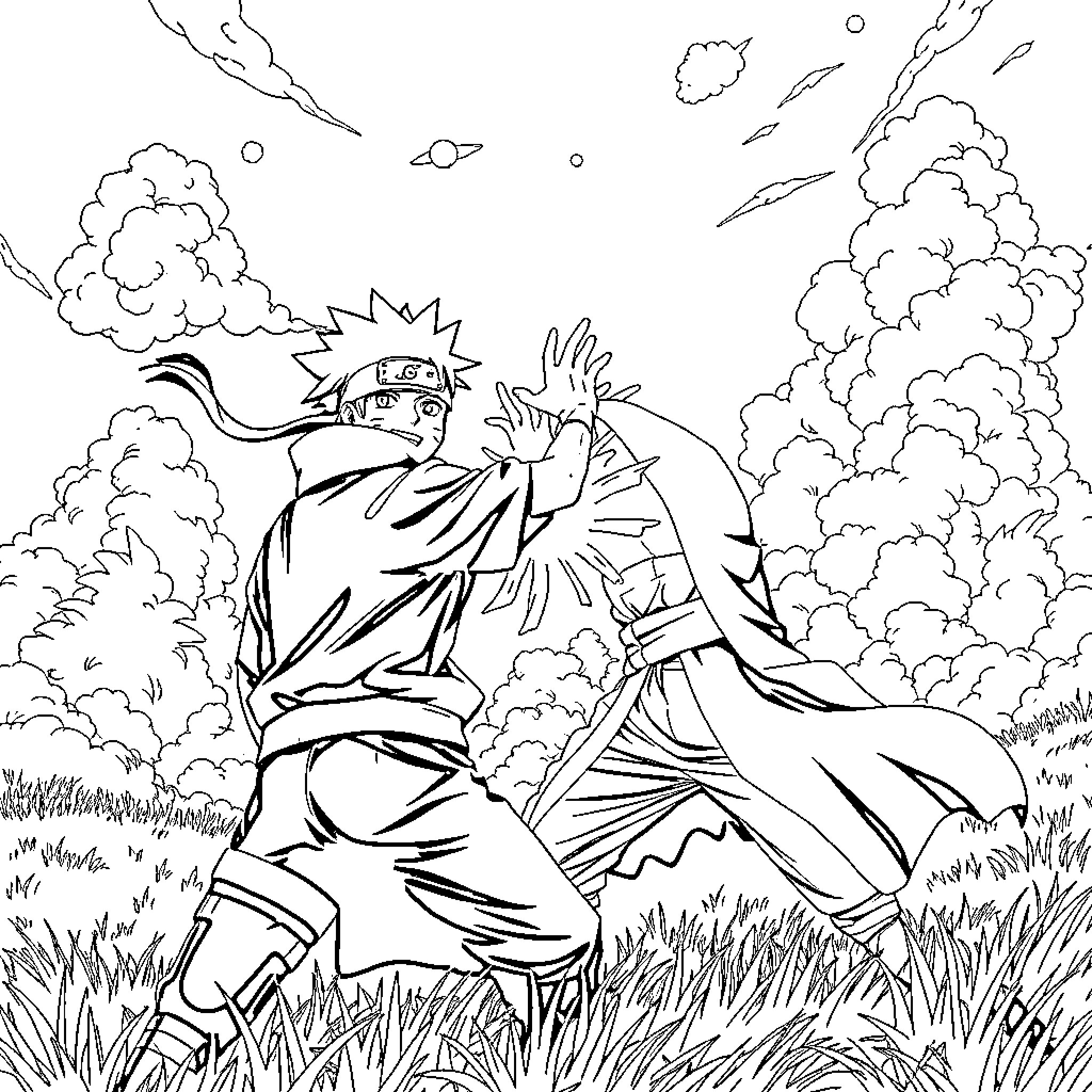 Naruto Ninja Unleashing Powerful Jutsu in the Wild Coloring Page (free black-and-white line drawing printable PDF for all, from beginners to advanced learners, including children, teens, adults, and seniors)