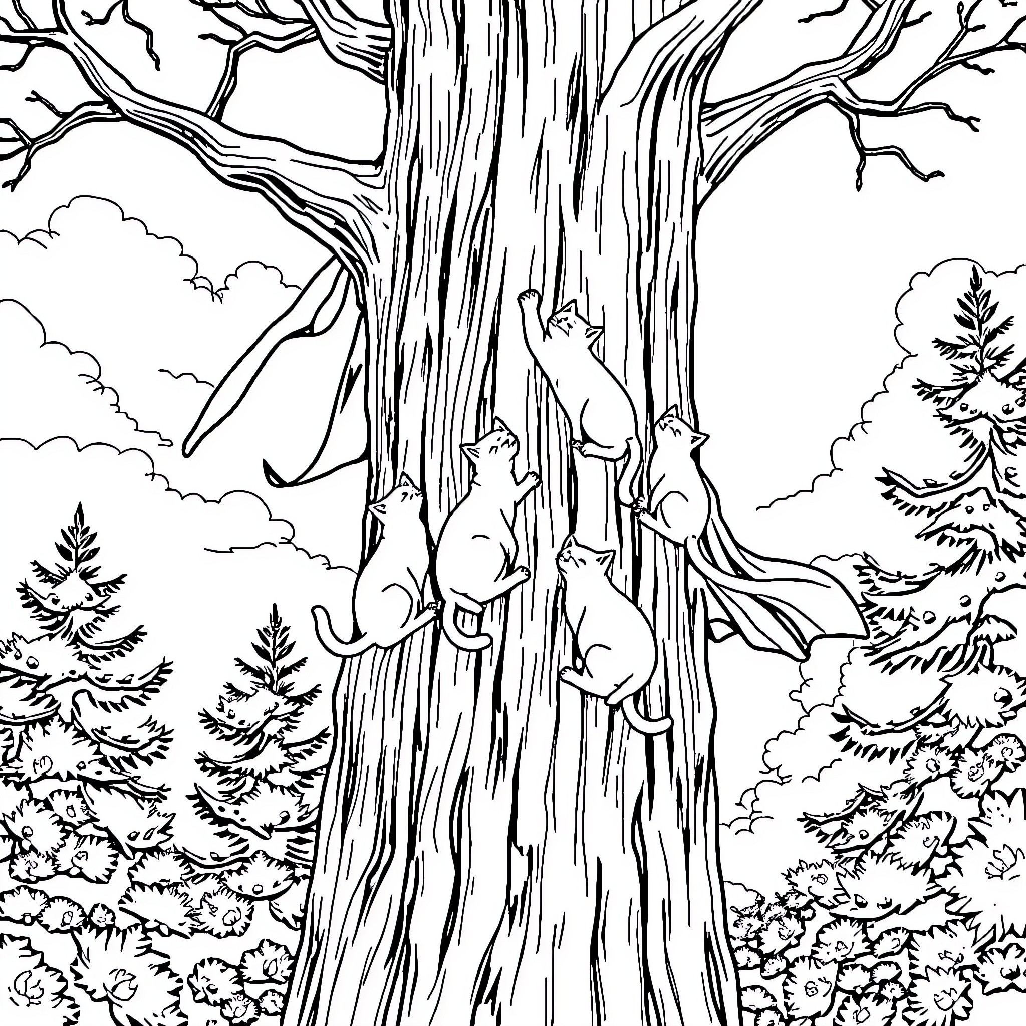Cats climbing on a large tree in the forest Coloring Page (free black-and-white line drawing printable PDF for all, from beginners to advanced learners, including children, teens, adults, and seniors)