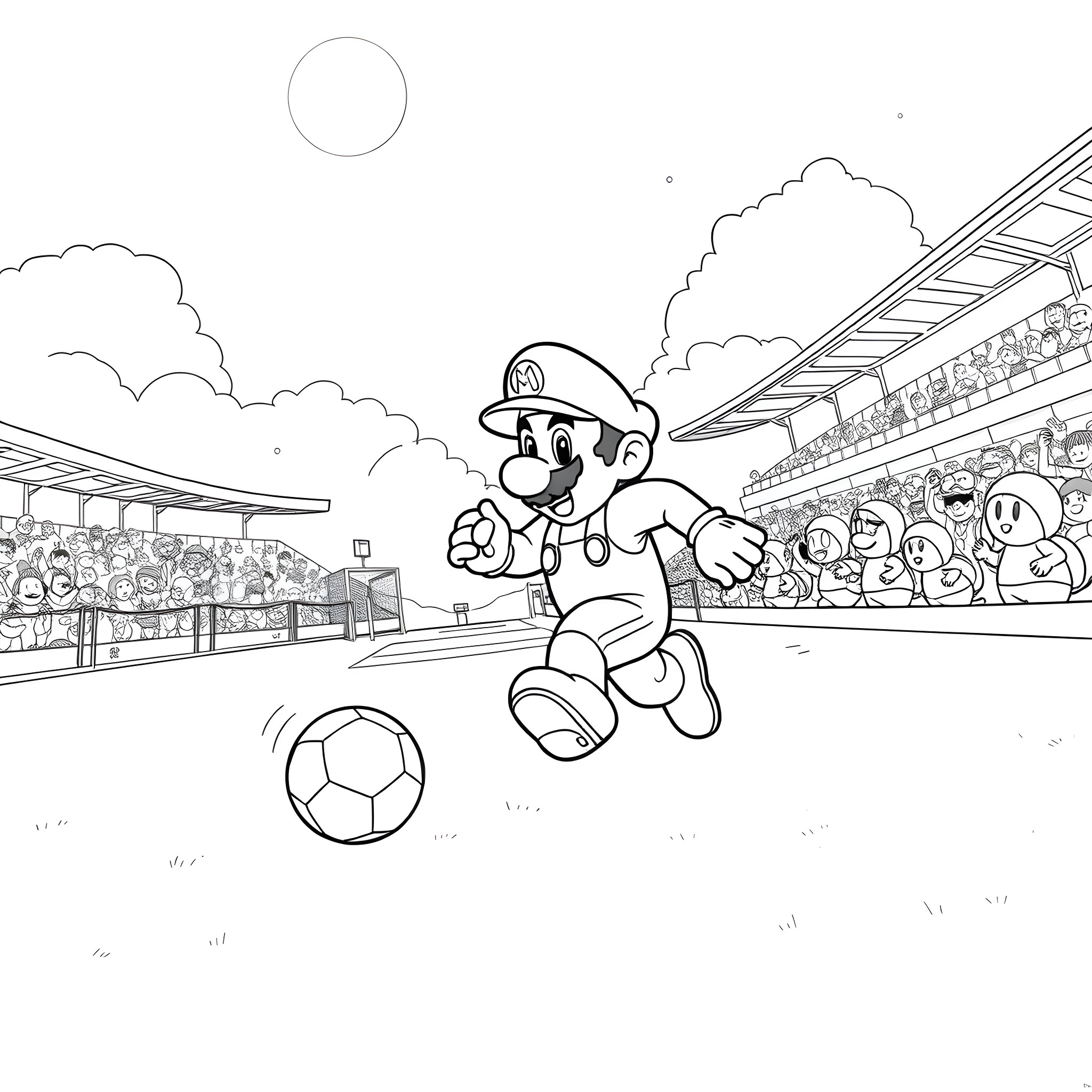 Mario playing soccer in a stadium with spectators Coloring Page (free black-and-white line drawing printable PDF for all, from beginners to advanced learners, including children, teens, adults, and seniors)