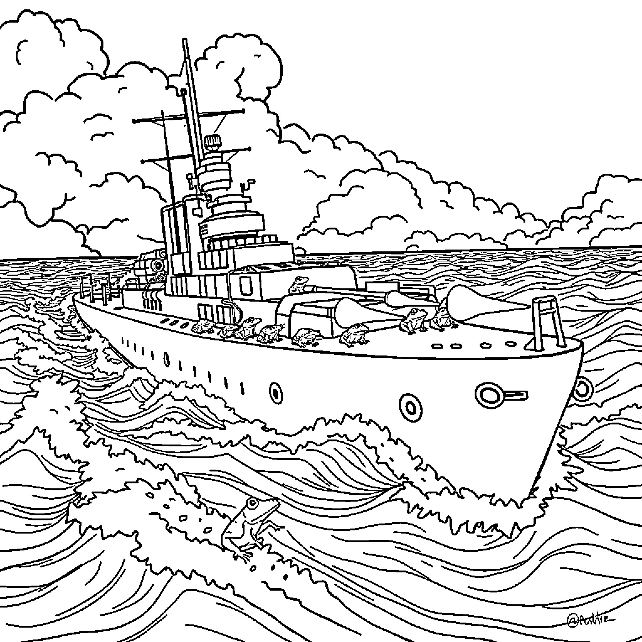 Bismarck, the Powerful Naval Warship at Sea Coloring Page (free black-and-white line drawing printable PDF for all, from beginners to advanced learners, including children, teens, adults, and seniors)