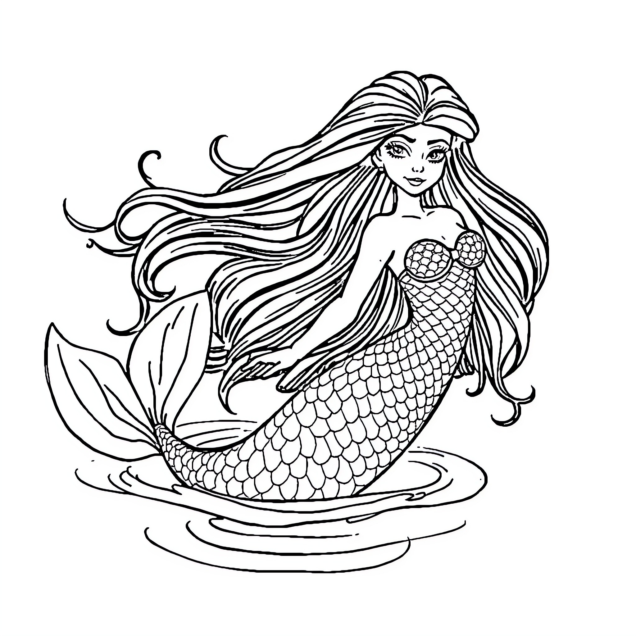 Mermaid with flowing hair swimming in the sea Coloring Page (free black-and-white line drawing printable PDF for all, from beginners to advanced learners, including children, teens, adults, and seniors)