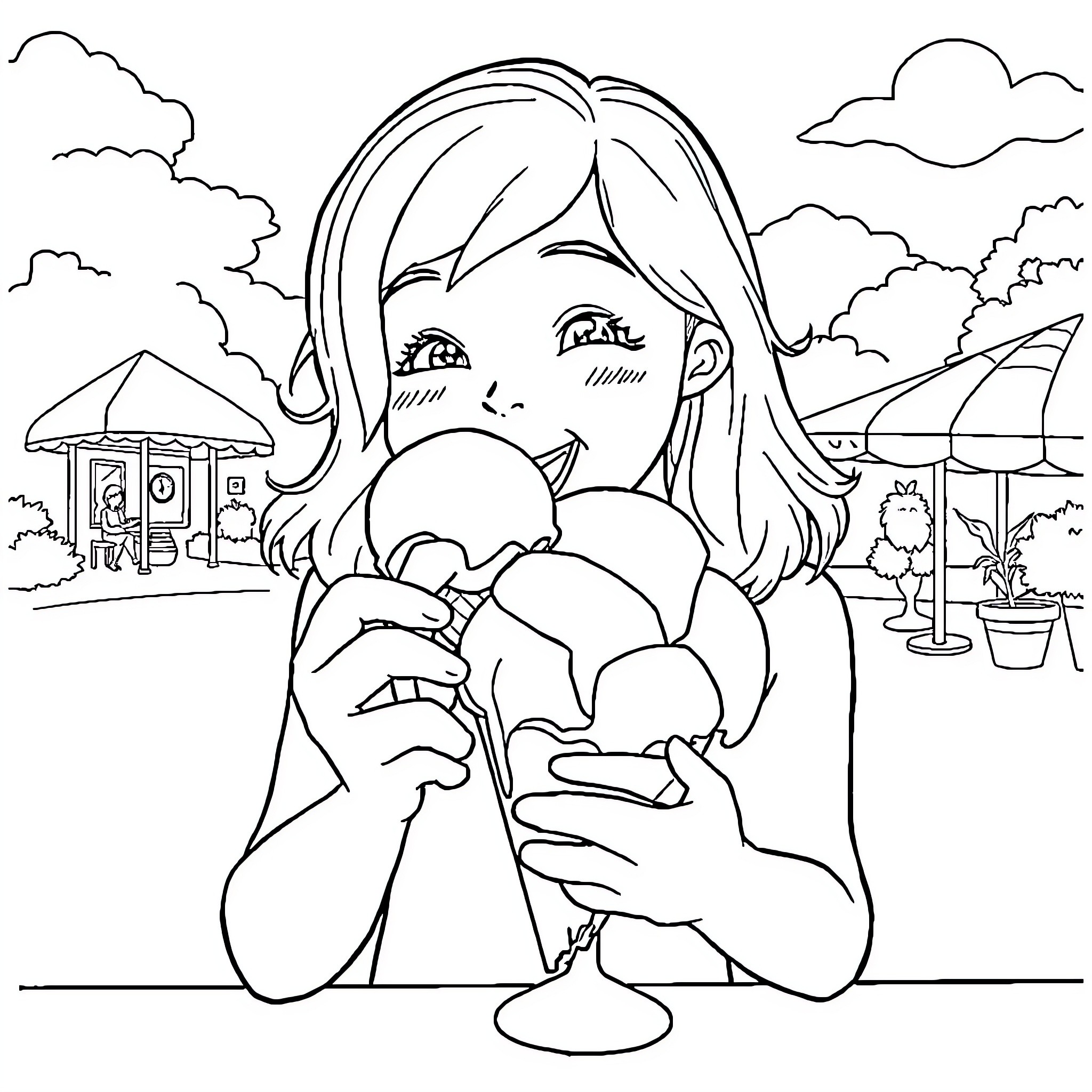 Elspeth enjoying a refreshing summer treat Coloring Page (free black-and-white line drawing printable PDF for all, from beginners to advanced learners, including children, teens, adults, and seniors)